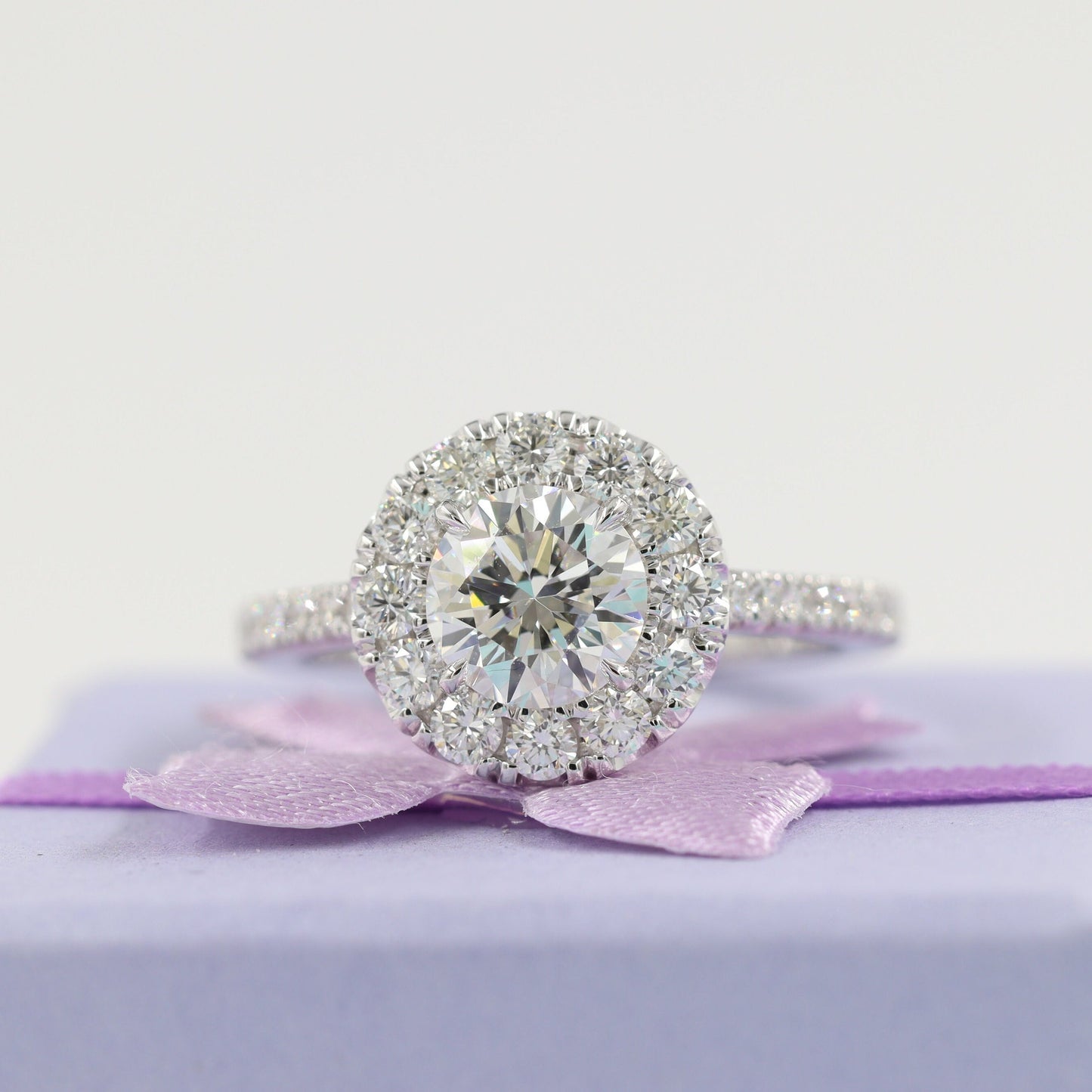 Total 2.4ct Diamond Halo Engagement Ring: 14k Gold Diamond Ring