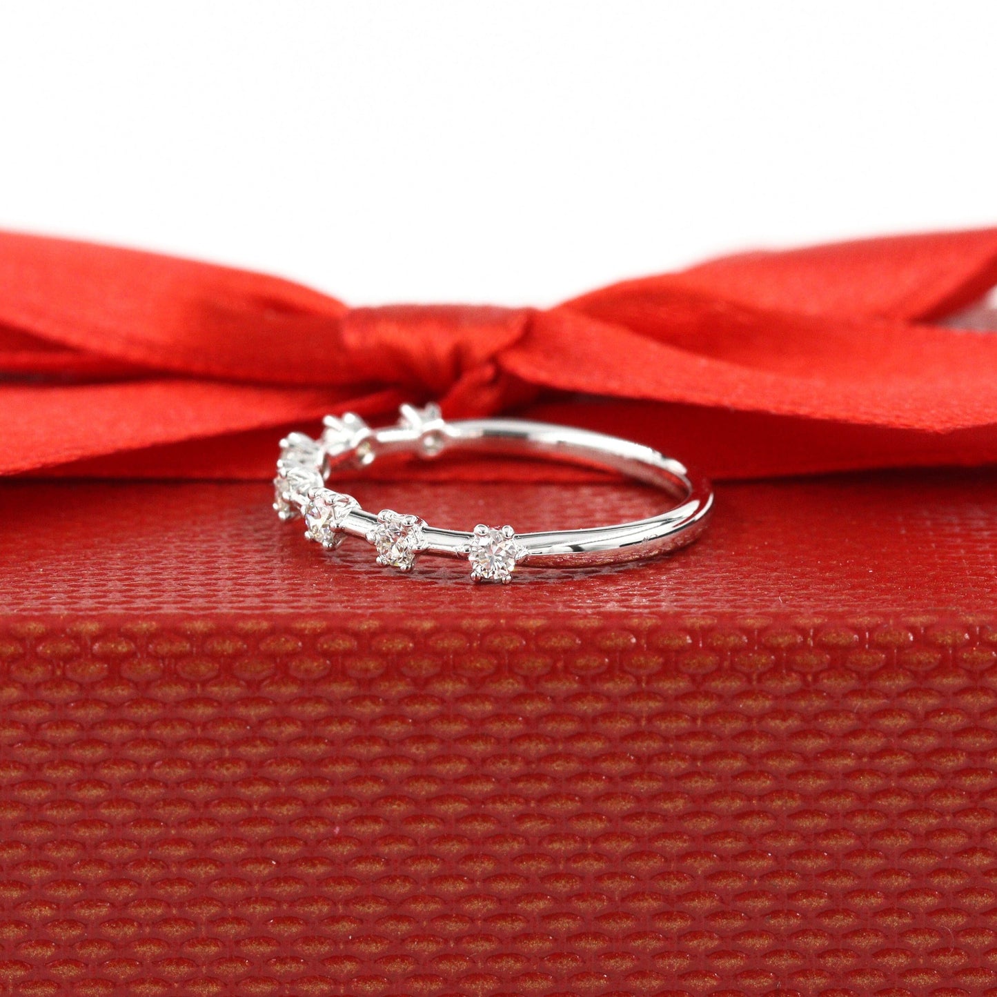 14K Gold Half Natural Diamond Wedding Band: .25ct Stacking Ring- Anniversary Gift