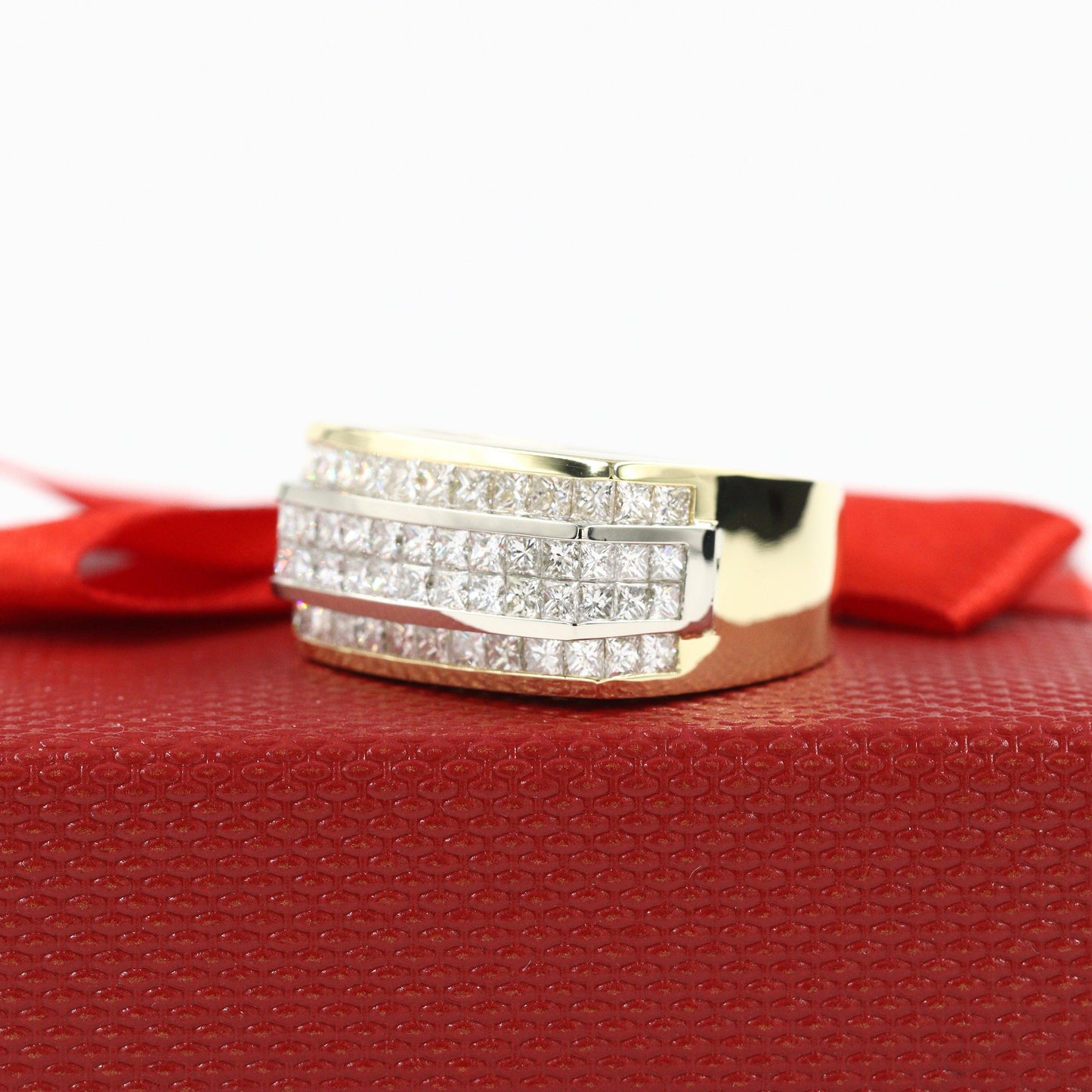 Princess Cut 3ct Natural Diamond Men's Ring: 14K Gold Invisible Set Wedding Band- Anniversary Gift