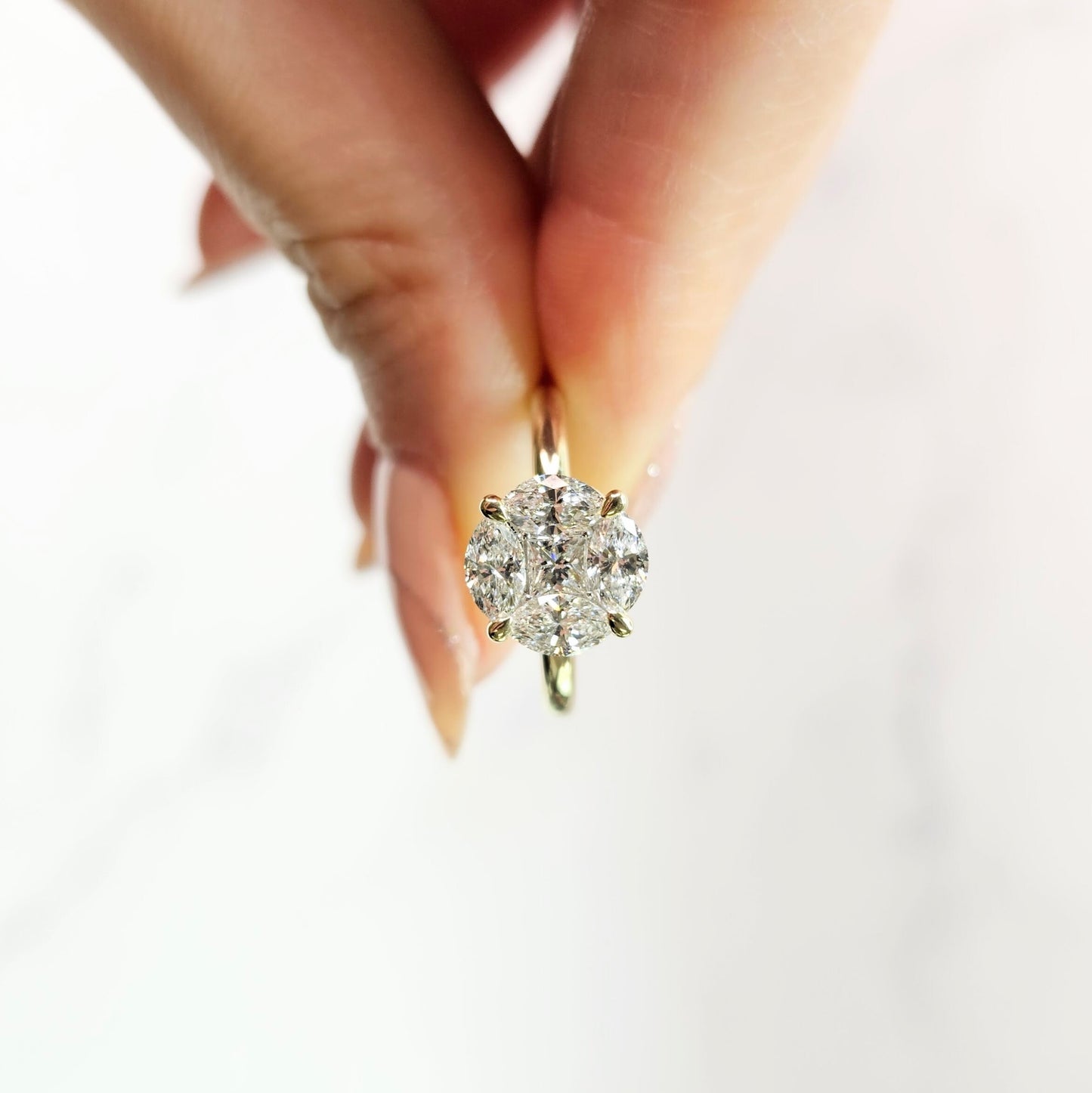 Handmade 14K Gold 1ct Natural Diamond Engagement Ring: Princess & Marquise Cut- Anniversary Gift