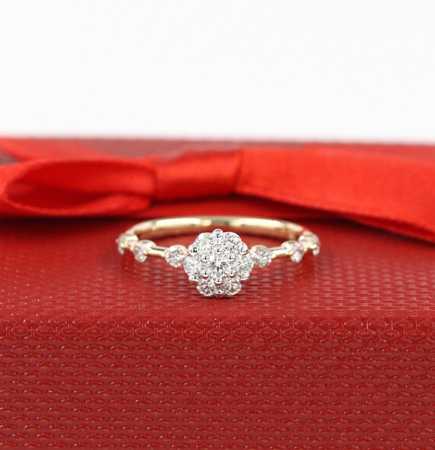 Unique Natural Diamond Engagement Ring/ 7mm Diamond Flower Ring/ Diamond Anniversary Ring/ Anniversary Ring