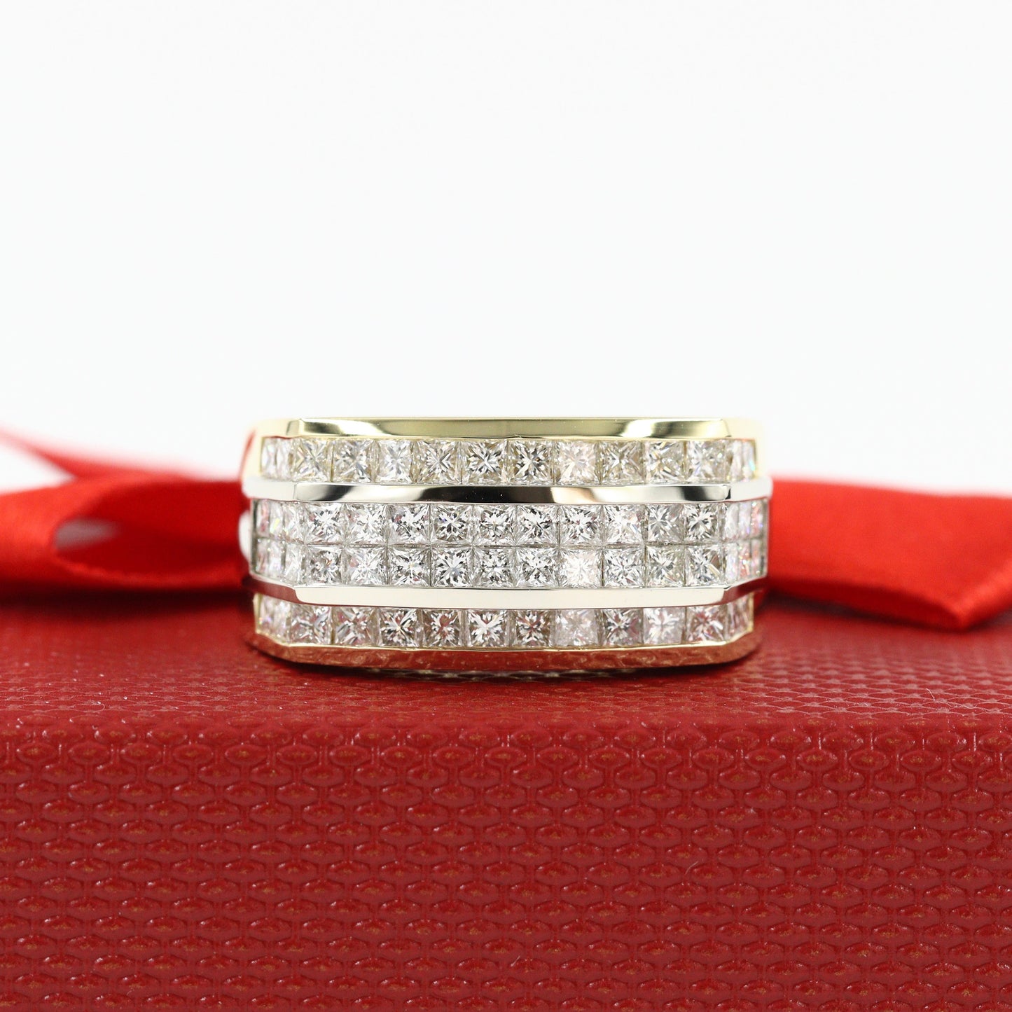 Princess Cut 3ct Natural Diamond Men's Ring: 14K Gold Invisible Set Wedding Band- Anniversary Gift