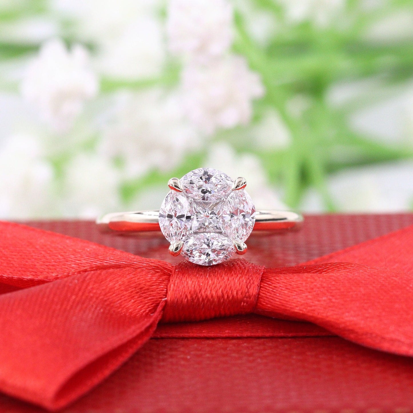 Handmade 14K Gold 1ct Natural Diamond Engagement Ring: Princess & Marquise Cut- Anniversary Gift
