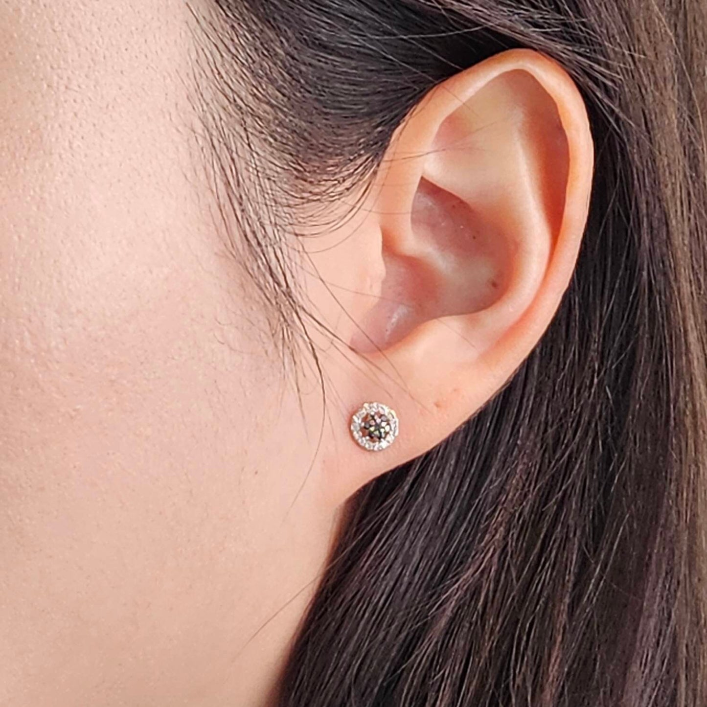 14k Gold Natural Diamond Flower Earrings: Black & White Diamond Studs - Anniversary gift
