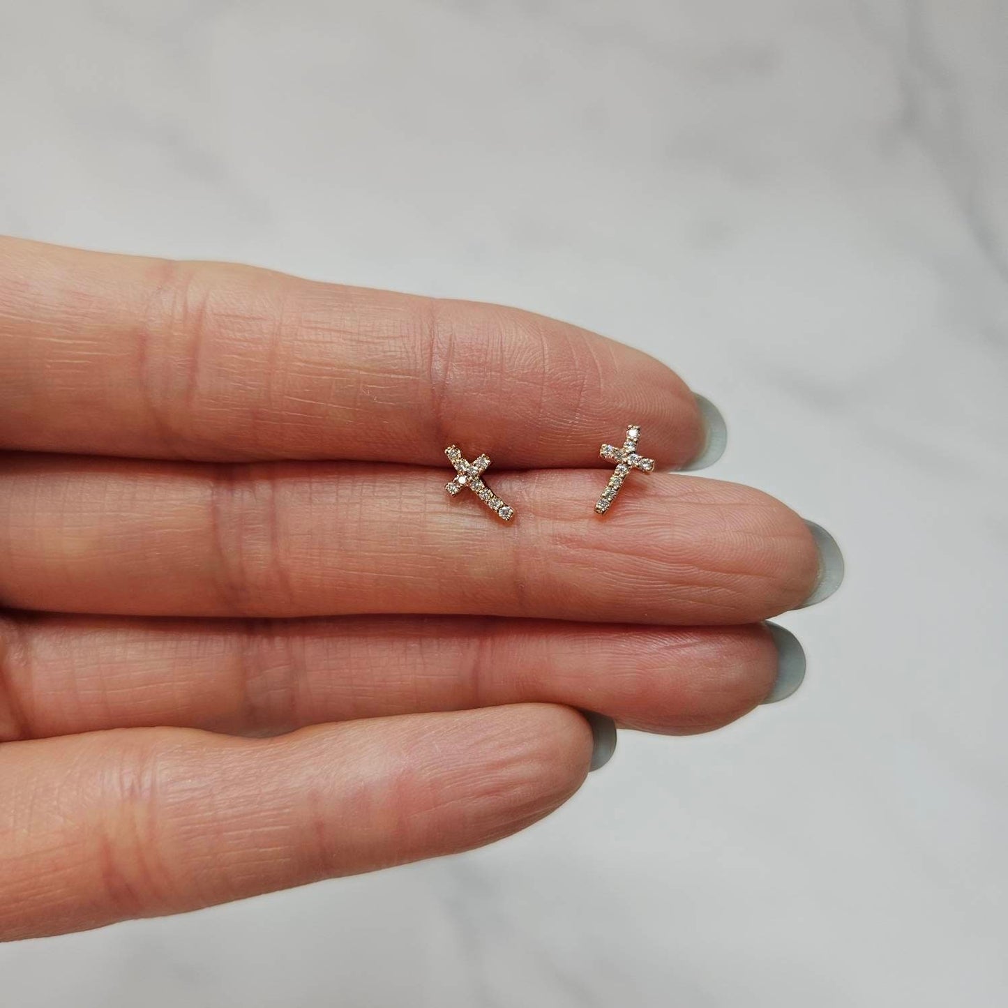 14k gold Natural Diamond Cross Earrings: Dainty Gold Studs