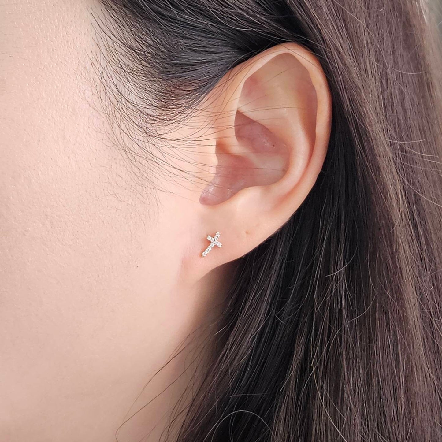 14k gold Natural Diamond Cross Earrings: Dainty Gold Studs