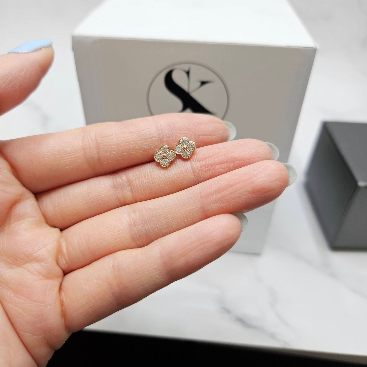 Natural Diamond Clover Stud Earrings: 14K,18K gold 6.9mm Clover Classic Dainty Cluster Stud Earrings-Diamond Stud Earring - Anniversary gift