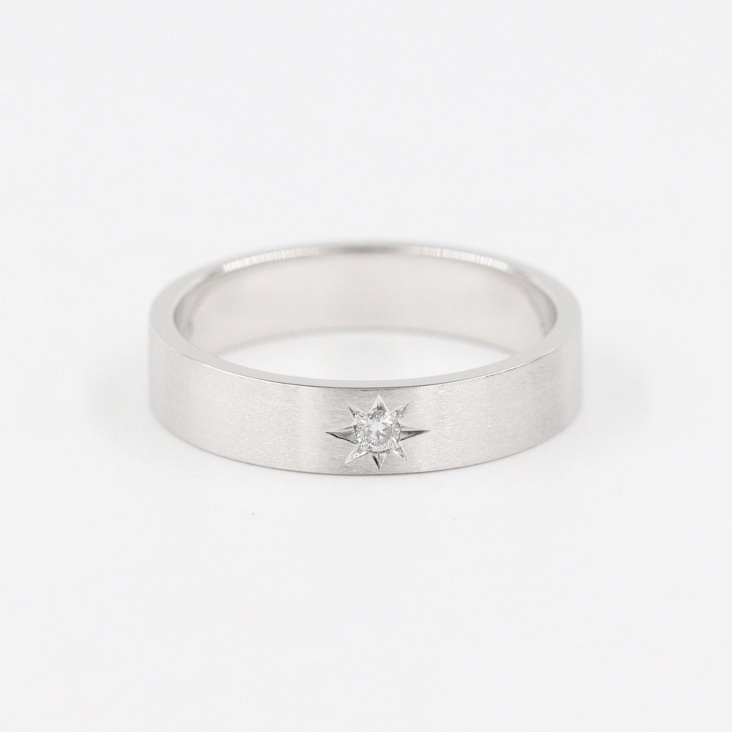 14K Gold Natural Diamond Star Ring: Handmade Flat 4.5mm Wedding Ring - Anniversary gift