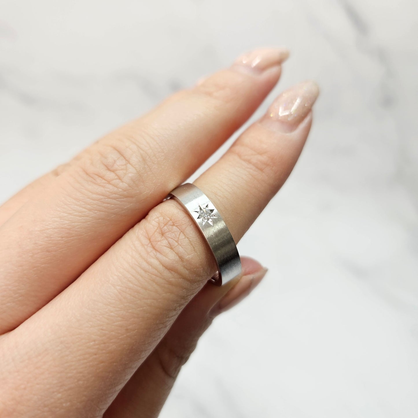 14K Gold Natural Diamond Star Ring: Handmade Flat 4.5mm Wedding Ring - Anniversary gift