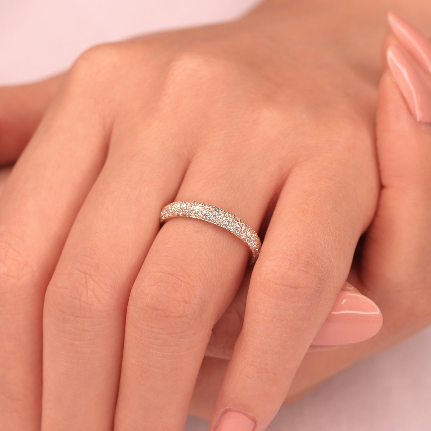 14K Gold 3 Row Natural Diamond 3.3mm Wedding Band: 14K Gold Full Eternity Stackable Ring-Anniversary Ring