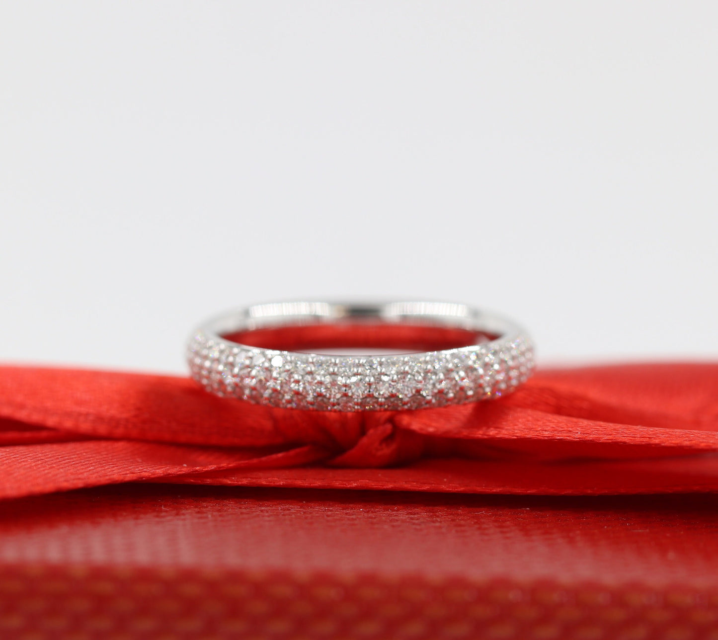 14K Gold 3 Row Natural Diamond 3.3mm Wedding Band:14K Gold Half Eternity Stackable Ring-Anniversary Ring