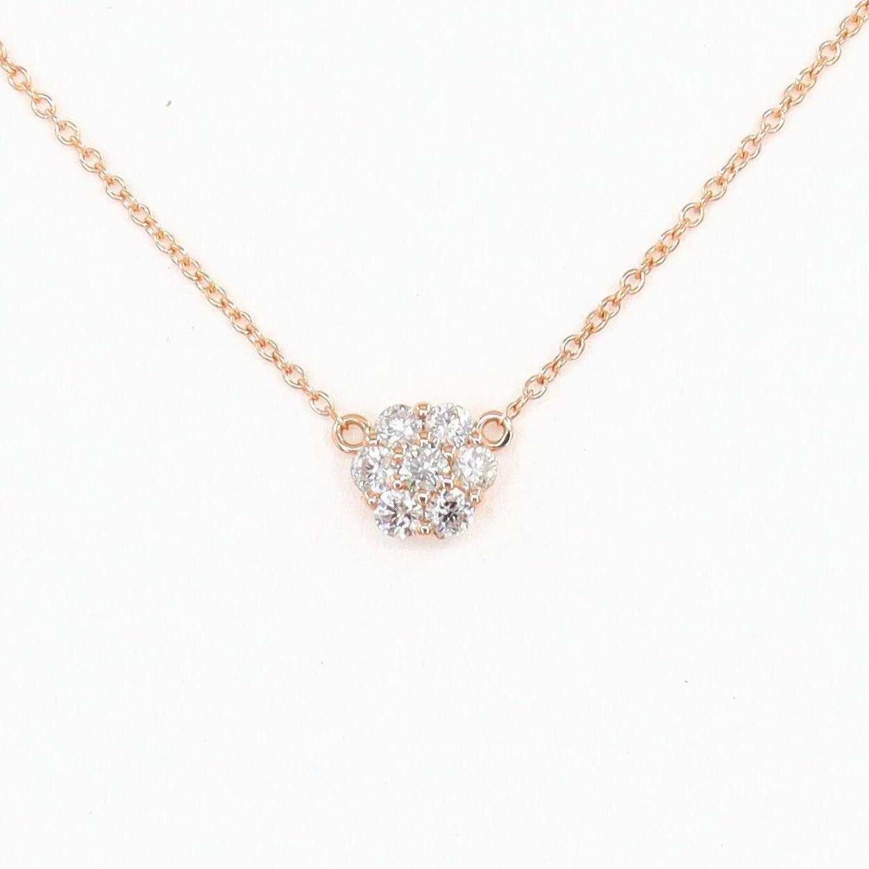 14K Gold Diamond Flower Necklace: .18ct Natural Diamond Pendant