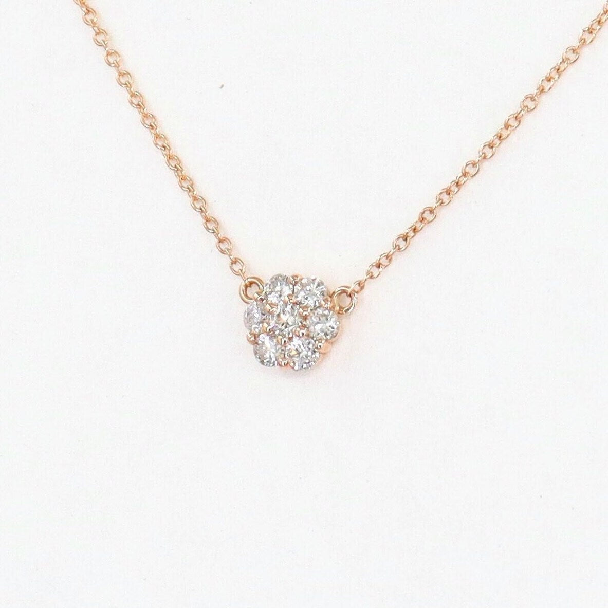 14K Gold Diamond Flower Necklace: .18ct Natural Diamond Pendant