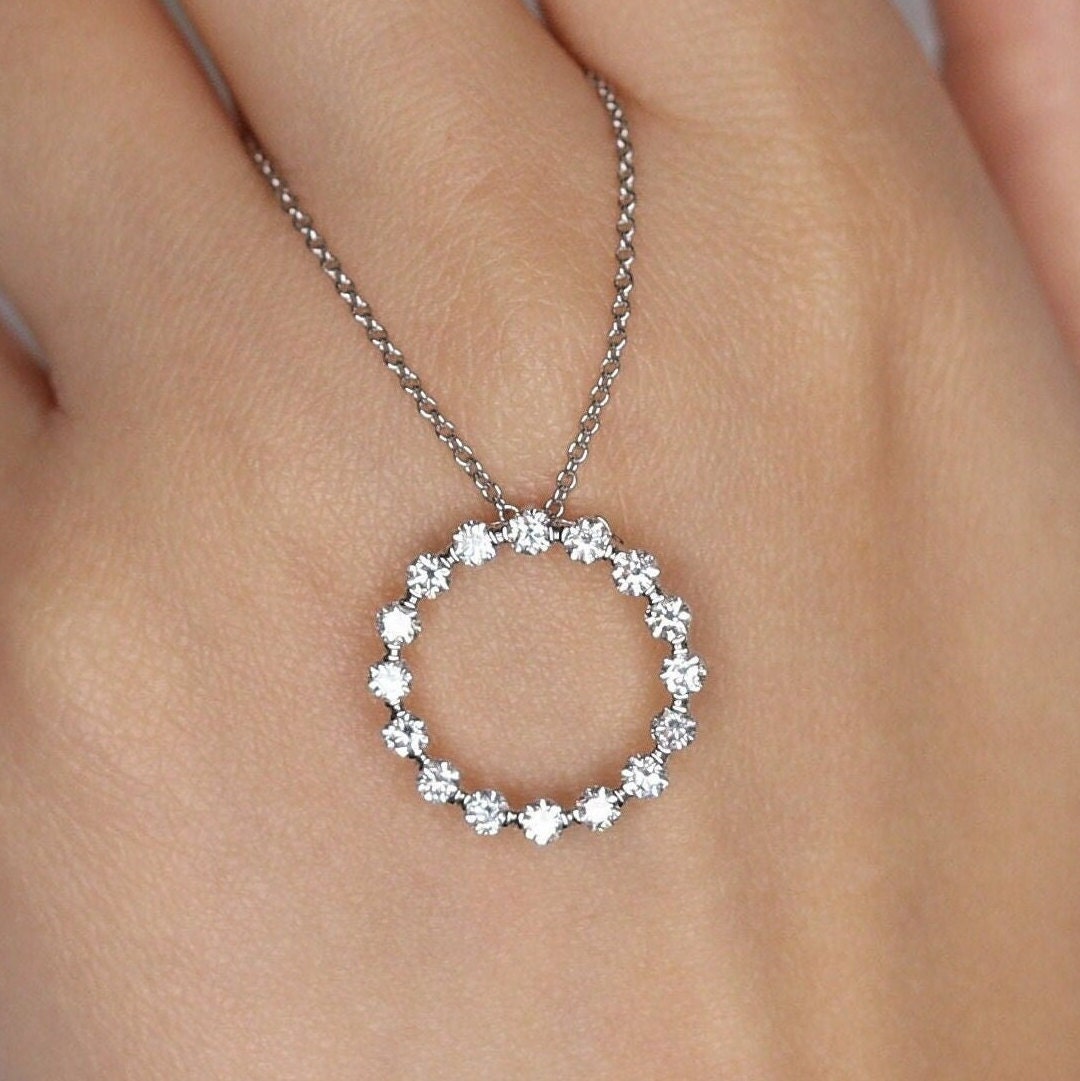 1ct Round Natural Diamond Circle Pendant With Four Natural Diamonds Bezel By The Yard Necklace/14K Gold Simple Necklace/Anniversary Gift