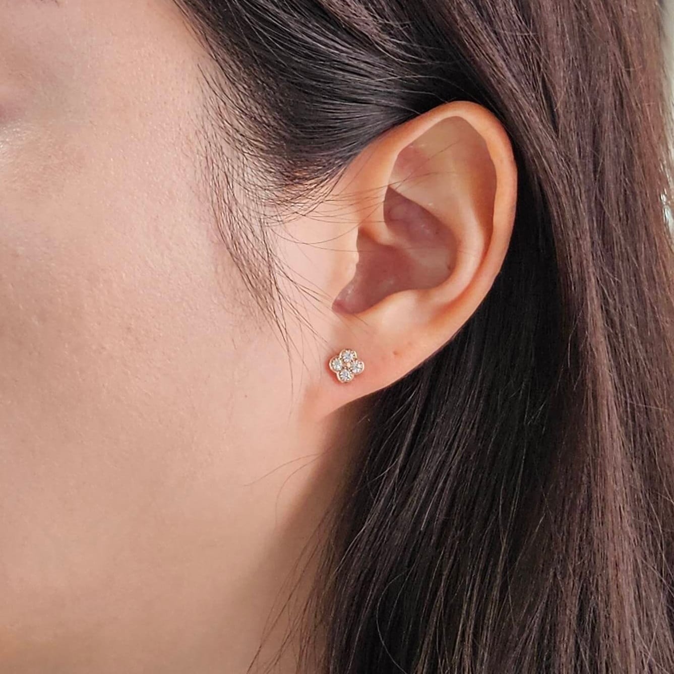 Natural Diamond Clover Stud Earrings: 14K,18K gold 6.9mm Clover Classic Dainty Cluster Stud Earrings-Diamond Stud Earring - Anniversary gift
