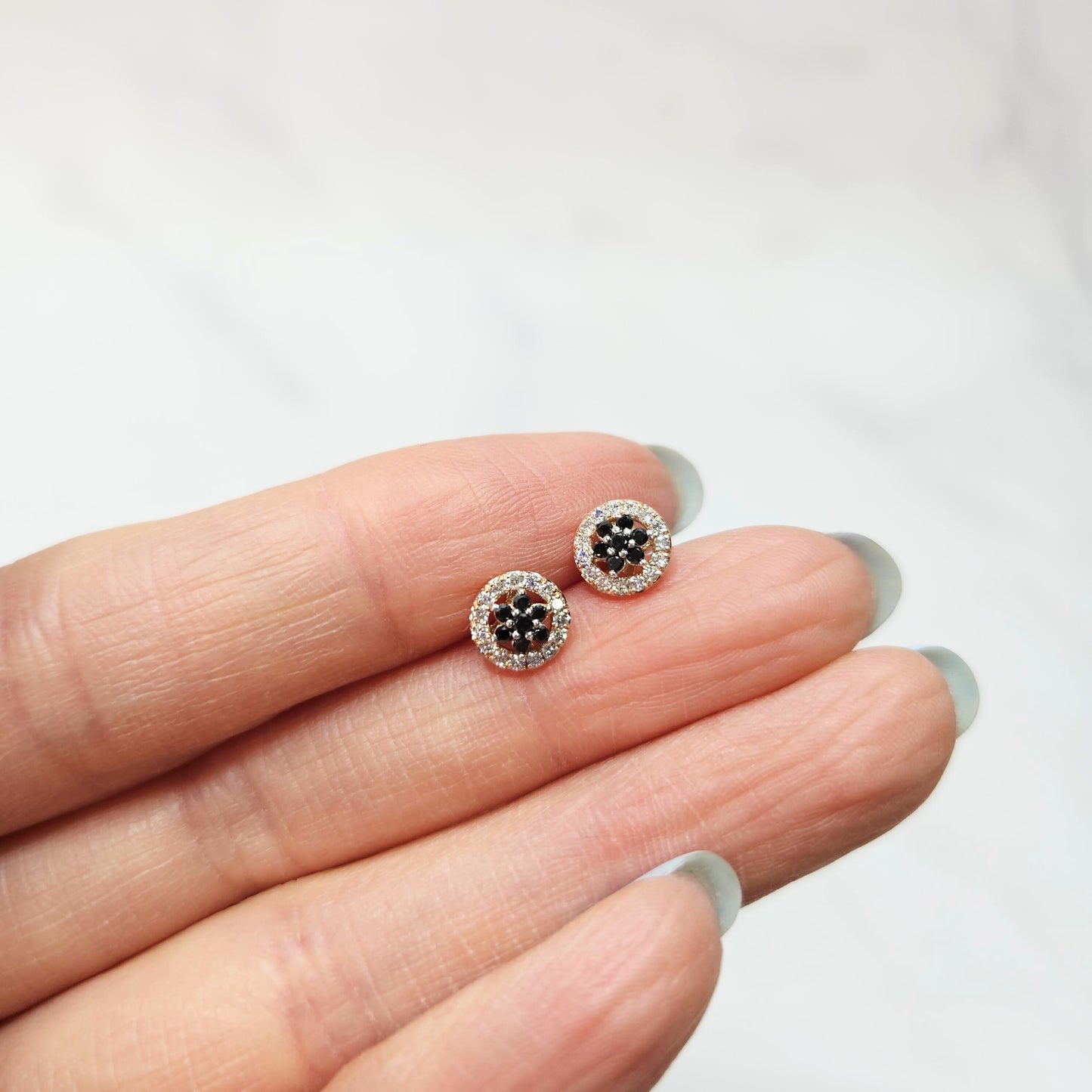 14k Gold Natural Diamond Flower Earrings: Black & White Diamond Studs - Anniversary gift
