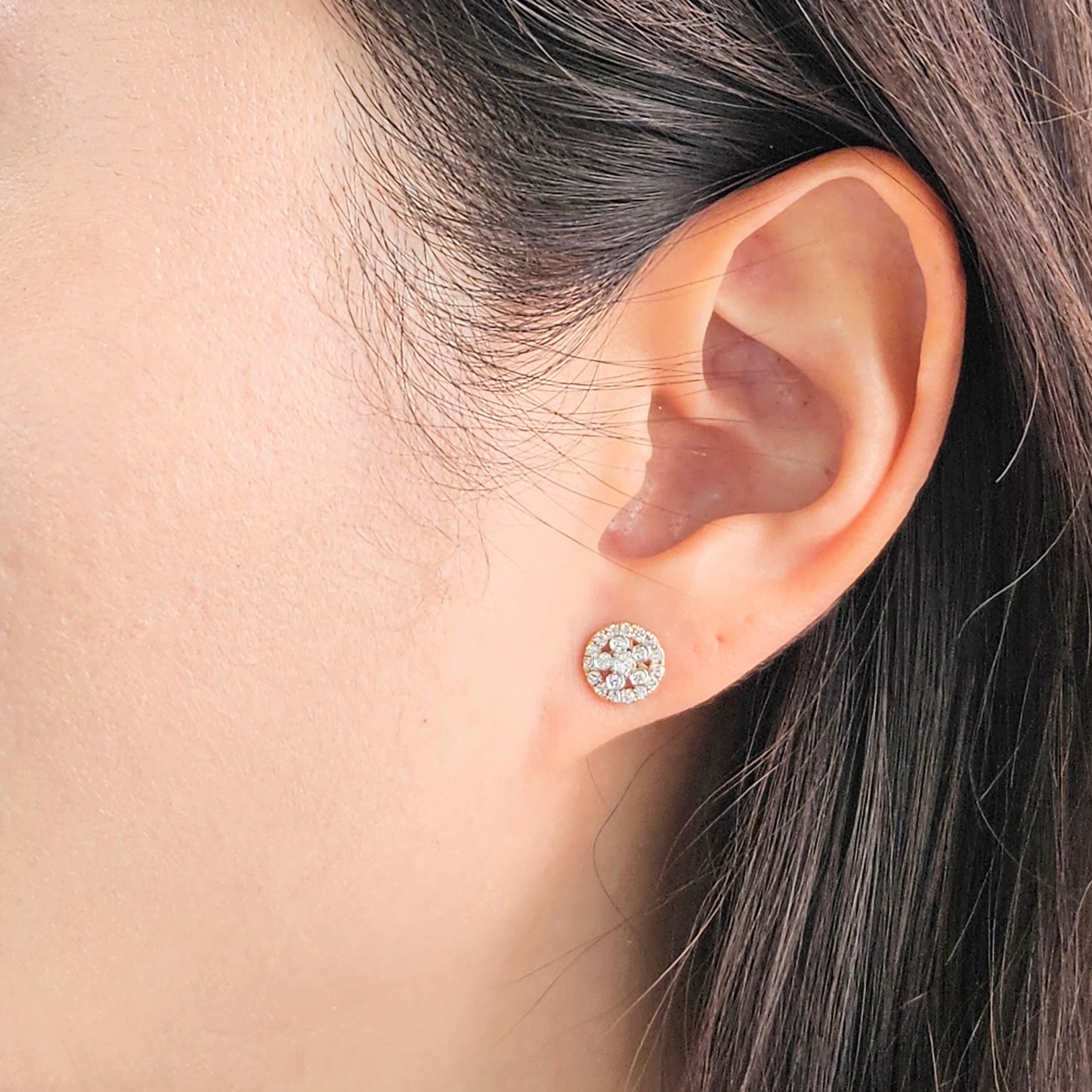 14k Gold Natural Diamond Flower Earrings: Handmade Dainty Stud Earring - Anniversary gift