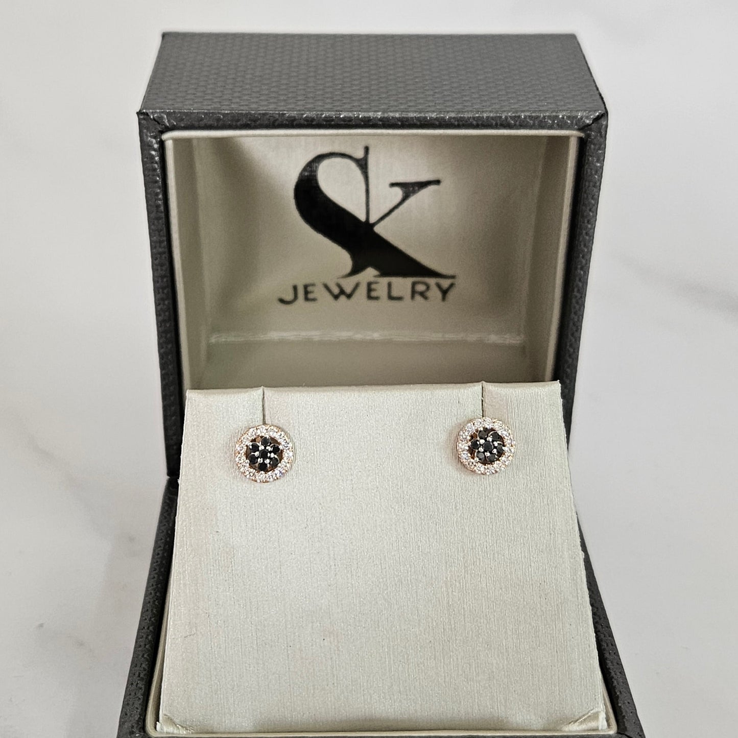 14k Gold Natural Diamond Flower Earrings: Black & White Diamond Studs - Anniversary gift