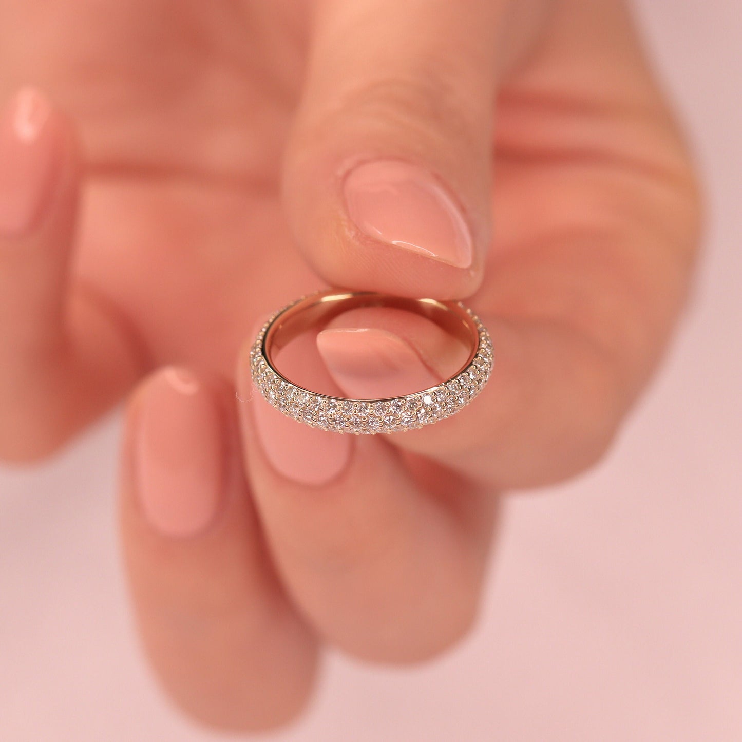 14K Gold 3 Row Natural Diamond 3.3mm Wedding Band: 14K Gold Full Eternity Stackable Ring-Anniversary Ring