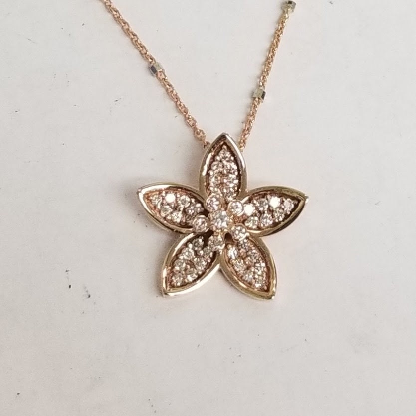 Flower Petal Diamond Charm Necklace / Round Diamond Flower Pendant / 14K Solid Gold Natural Diamond Pendant / Anniversary Gift