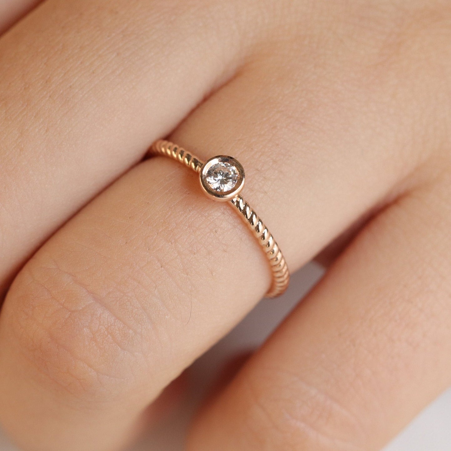 14K Gold Natural Diamond Wedding Ring: Dainty Twist Bezel Diamond Band - Anniversary gift