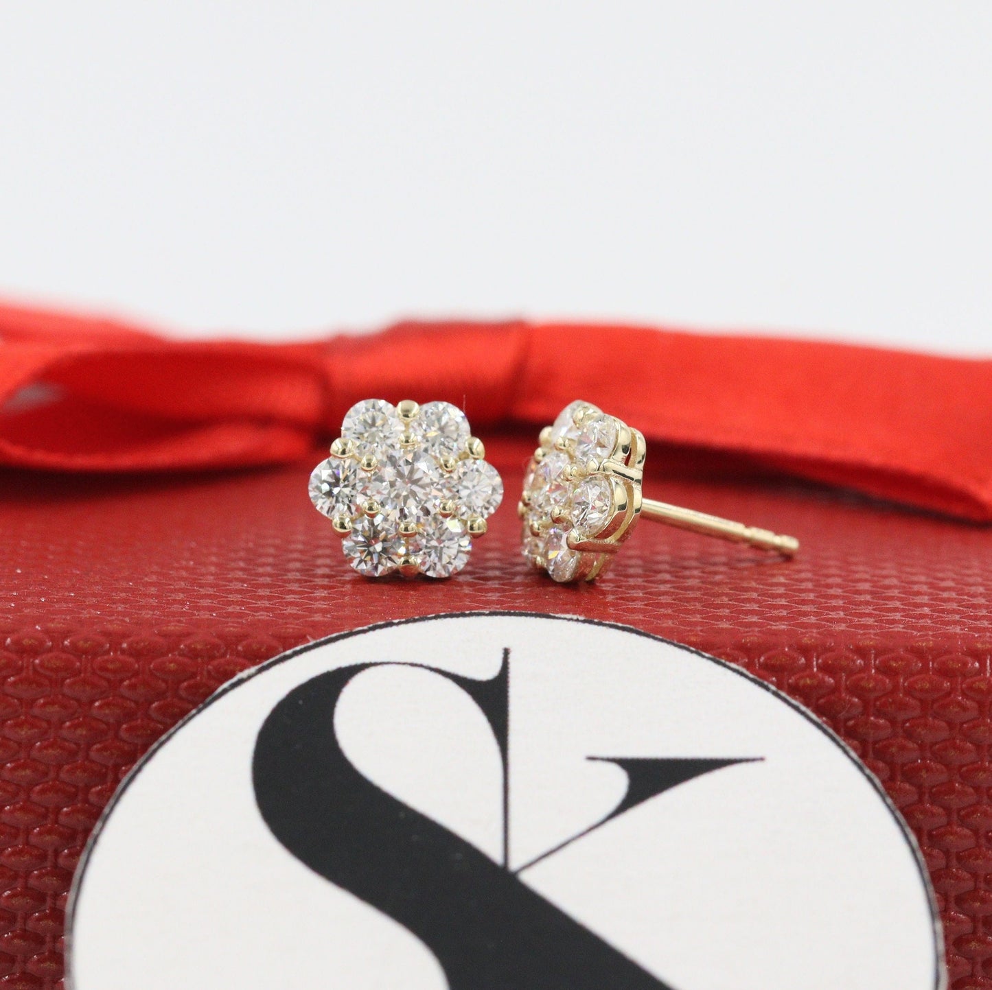 1.1ct Natural Diamond Cluster Earrings: 14K Gold Halo Studs, European Lock - Anniversary gift