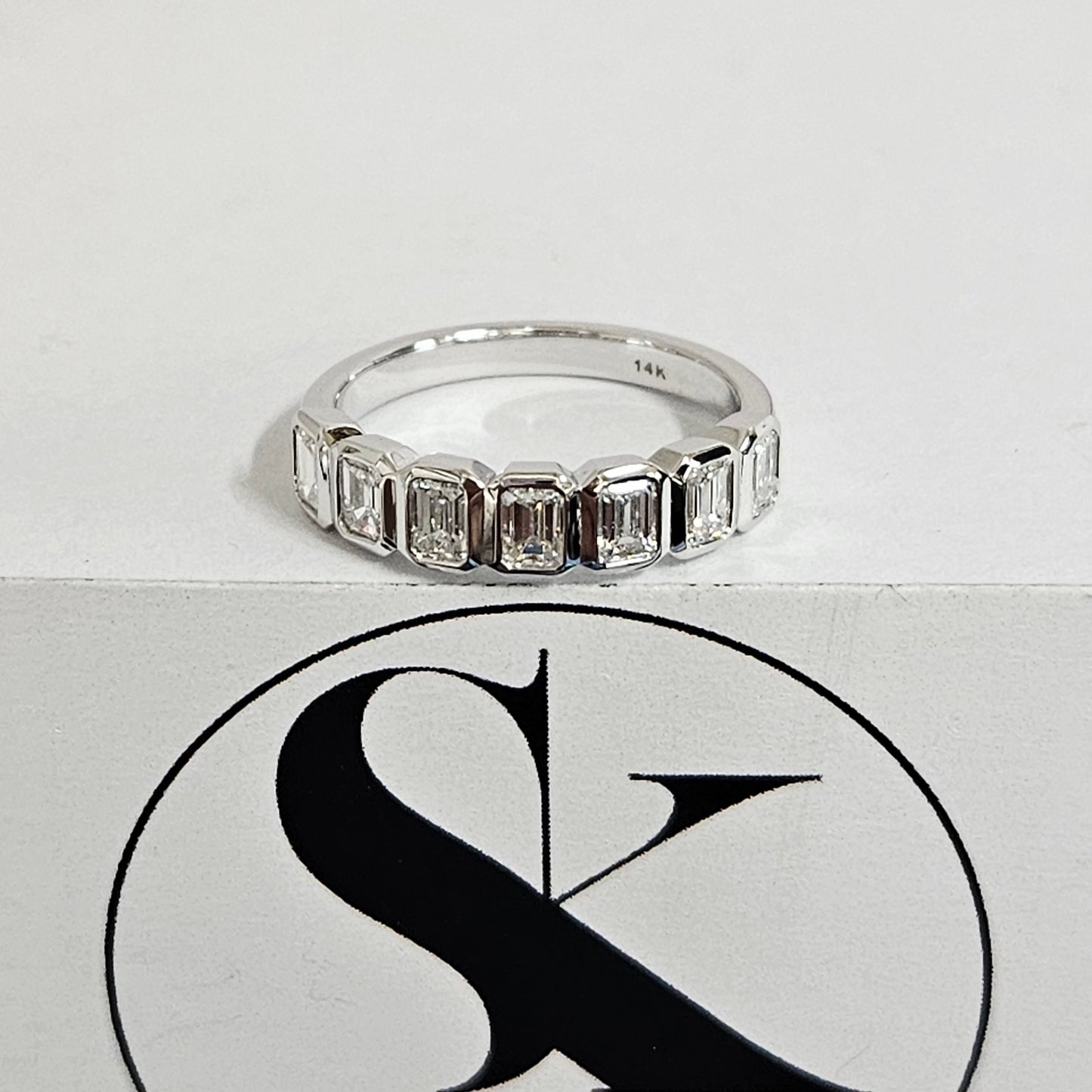 Emerald Cut Natural Diamond Bezel Set Band: 14K Gold ,18K Gold, Platinum Diamond Ring - Anniversary gift