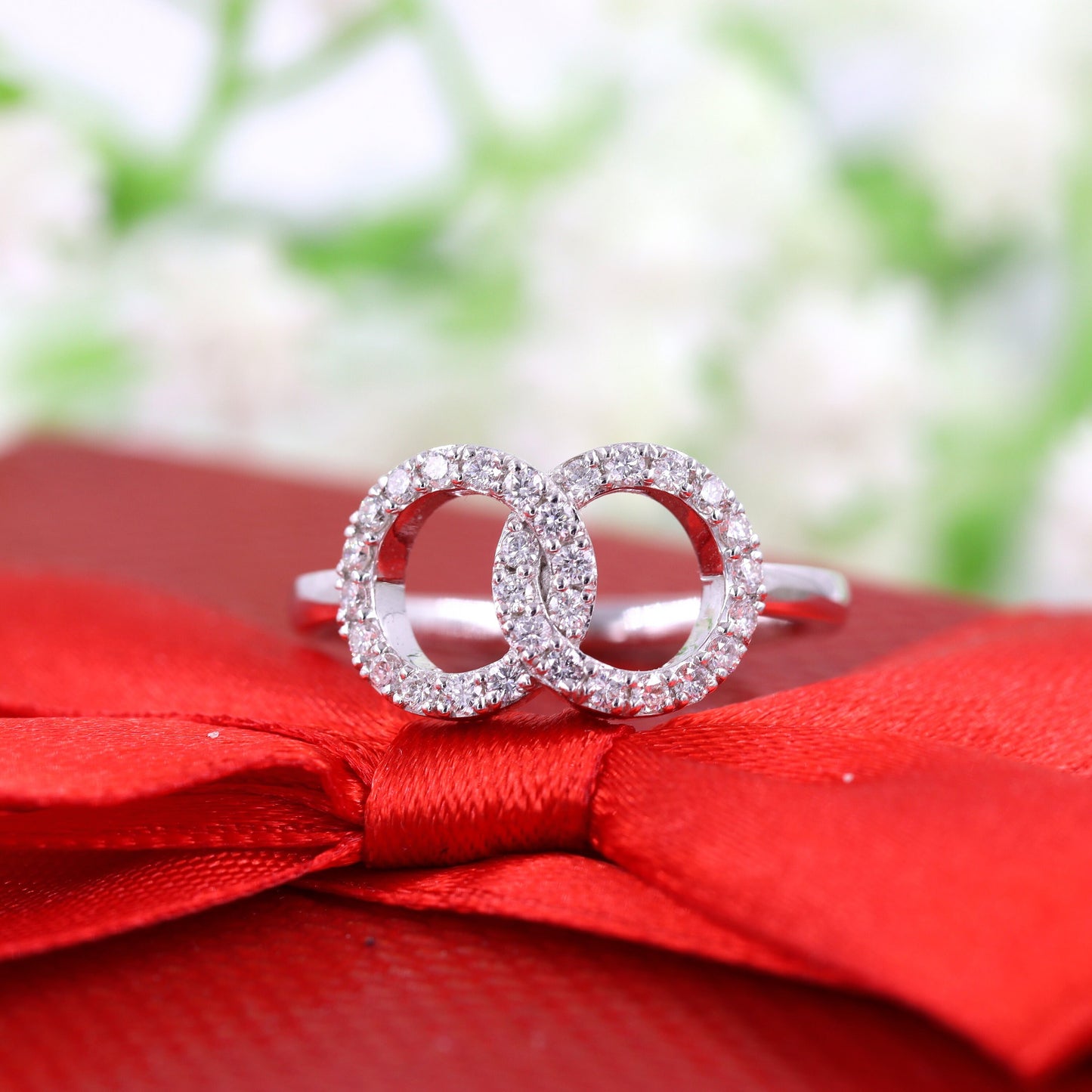 14K Gold Natural Diamond Double Circle Ring: Stacking Promise Ring - Anniversary Gift
