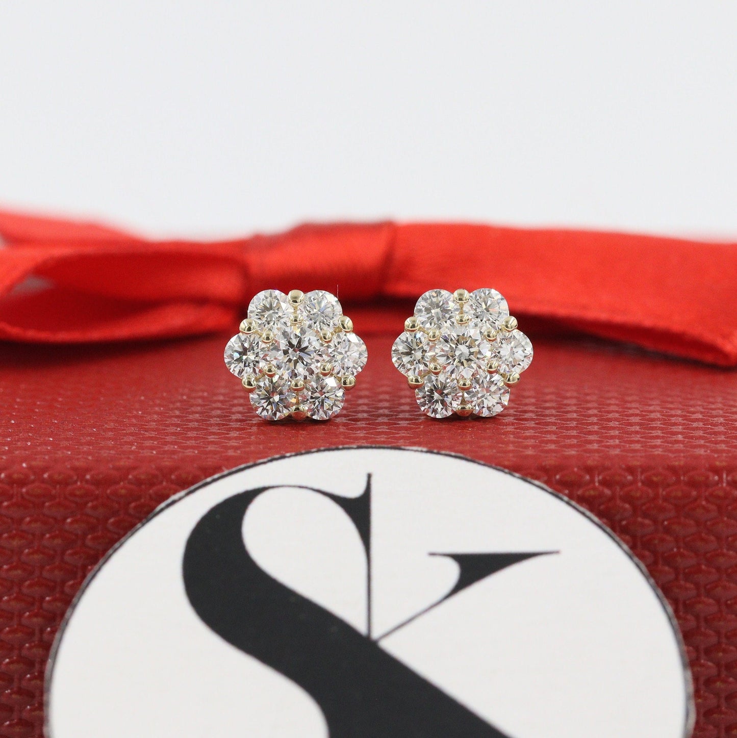 1.1ct Natural Diamond Cluster Earrings: 14K Gold Halo Studs, European Lock - Anniversary gift