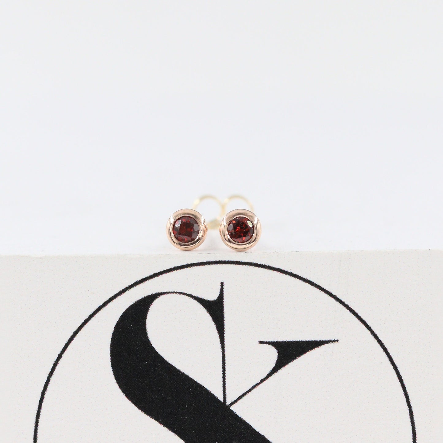 Handmade 14K Gold Garnet Stud Earrings: Bezel Set Solitaire