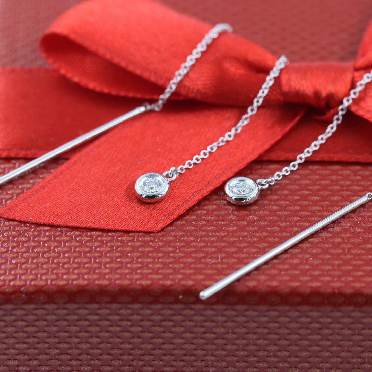 Handmade 14K Gold Natural Diamond Drop Earrings: Bezel Set Dangle