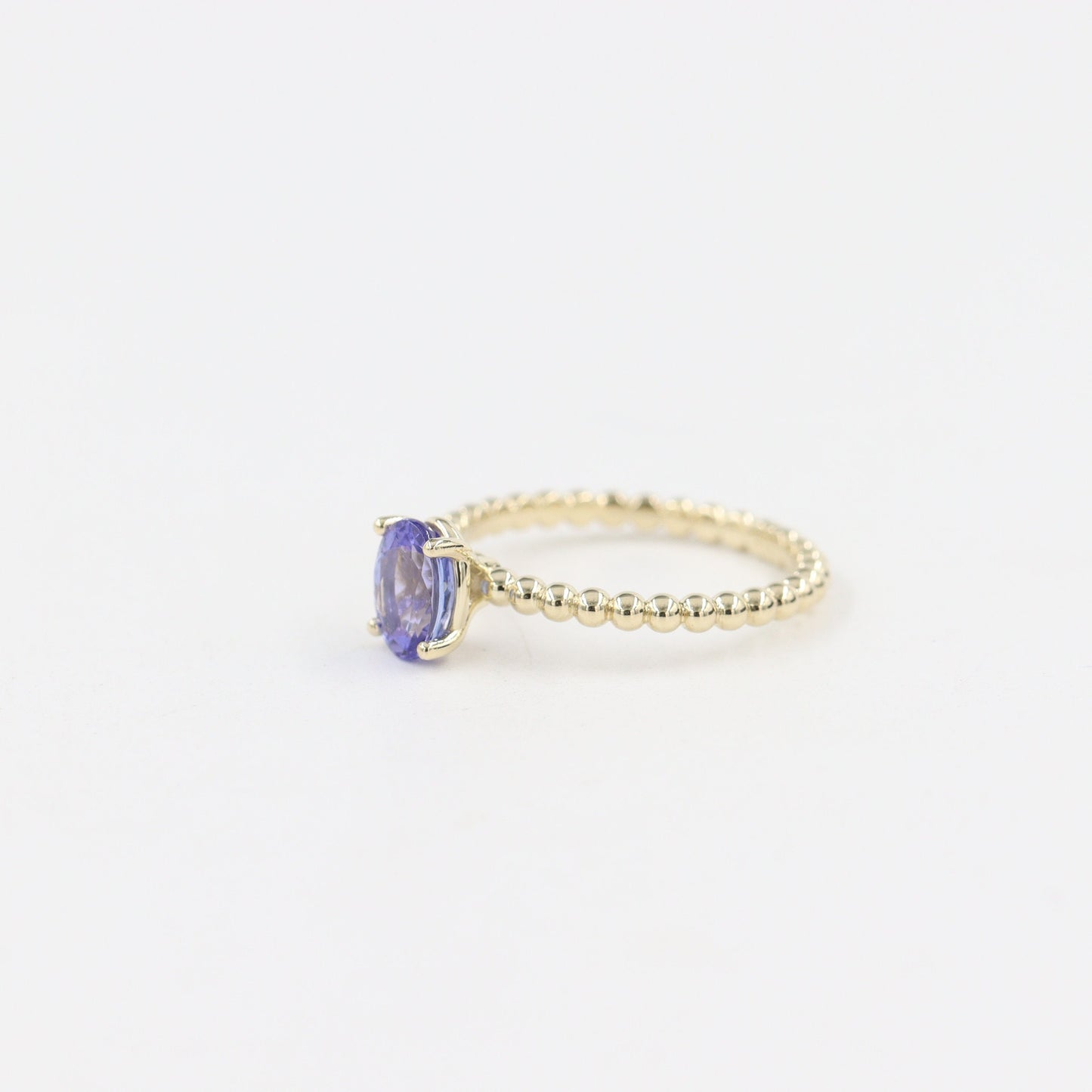 Oval Tanzanite 14k Gold Stackable Wedding Ring: Dainty Silhouette Bead Band - Anniversary Gift