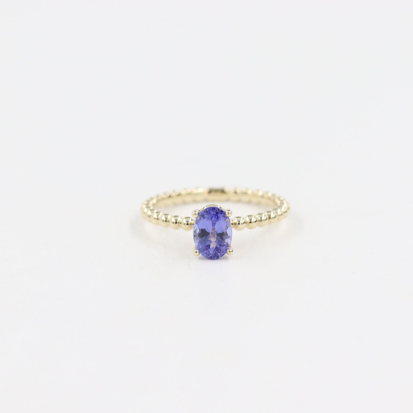 Oval Tanzanite 14k Gold Stackable Wedding Ring: Dainty Silhouette Bead Band - Anniversary Gift