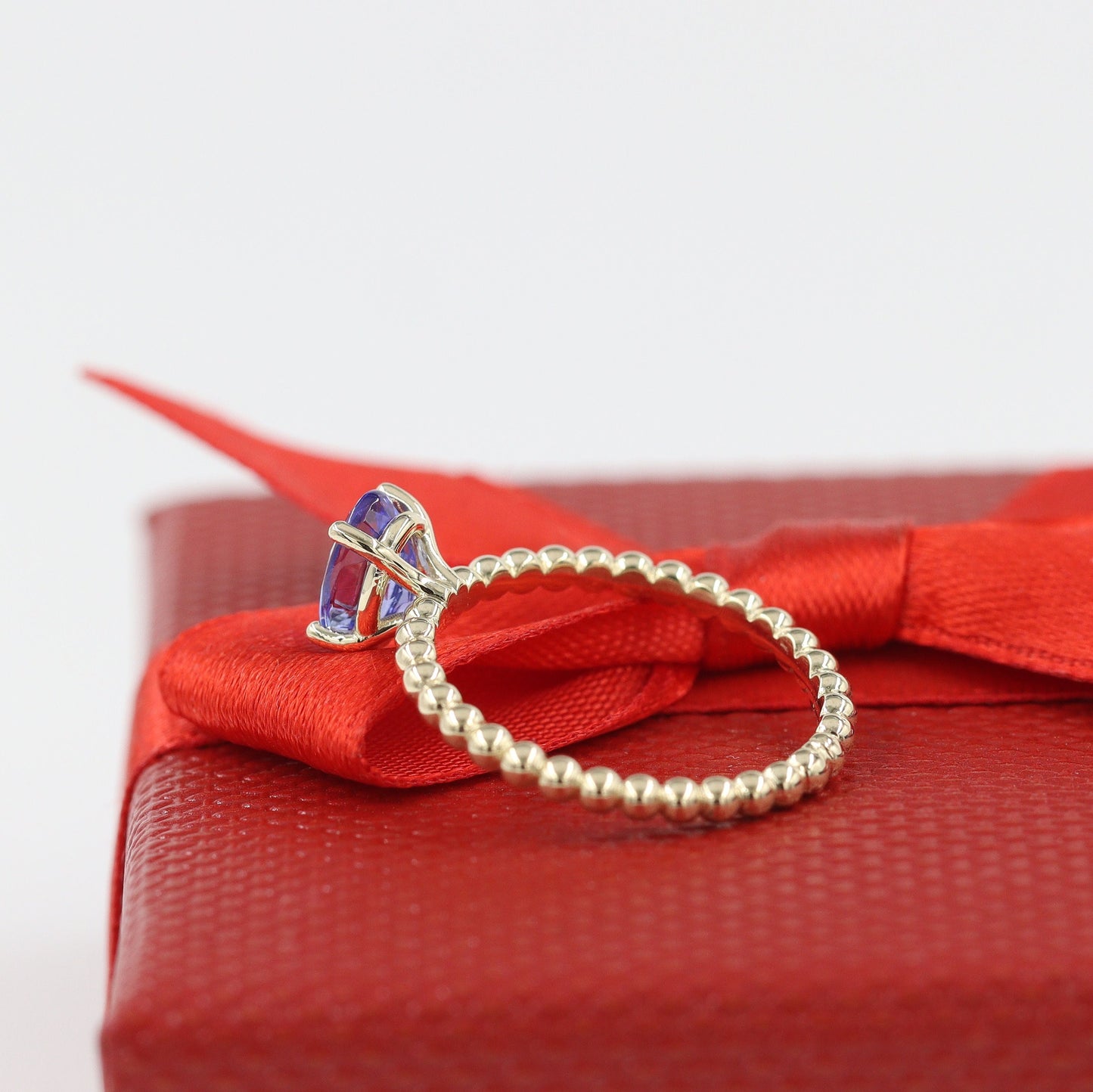 Oval Tanzanite 14k Gold Stackable Wedding Ring: Dainty Silhouette Bead Band - Anniversary Gift