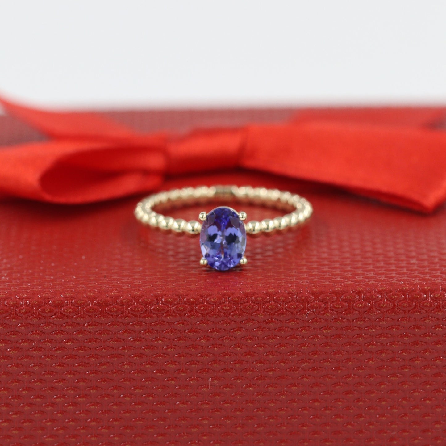 Oval Tanzanite 14k Gold Stackable Wedding Ring: Dainty Silhouette Bead Band - Anniversary Gift