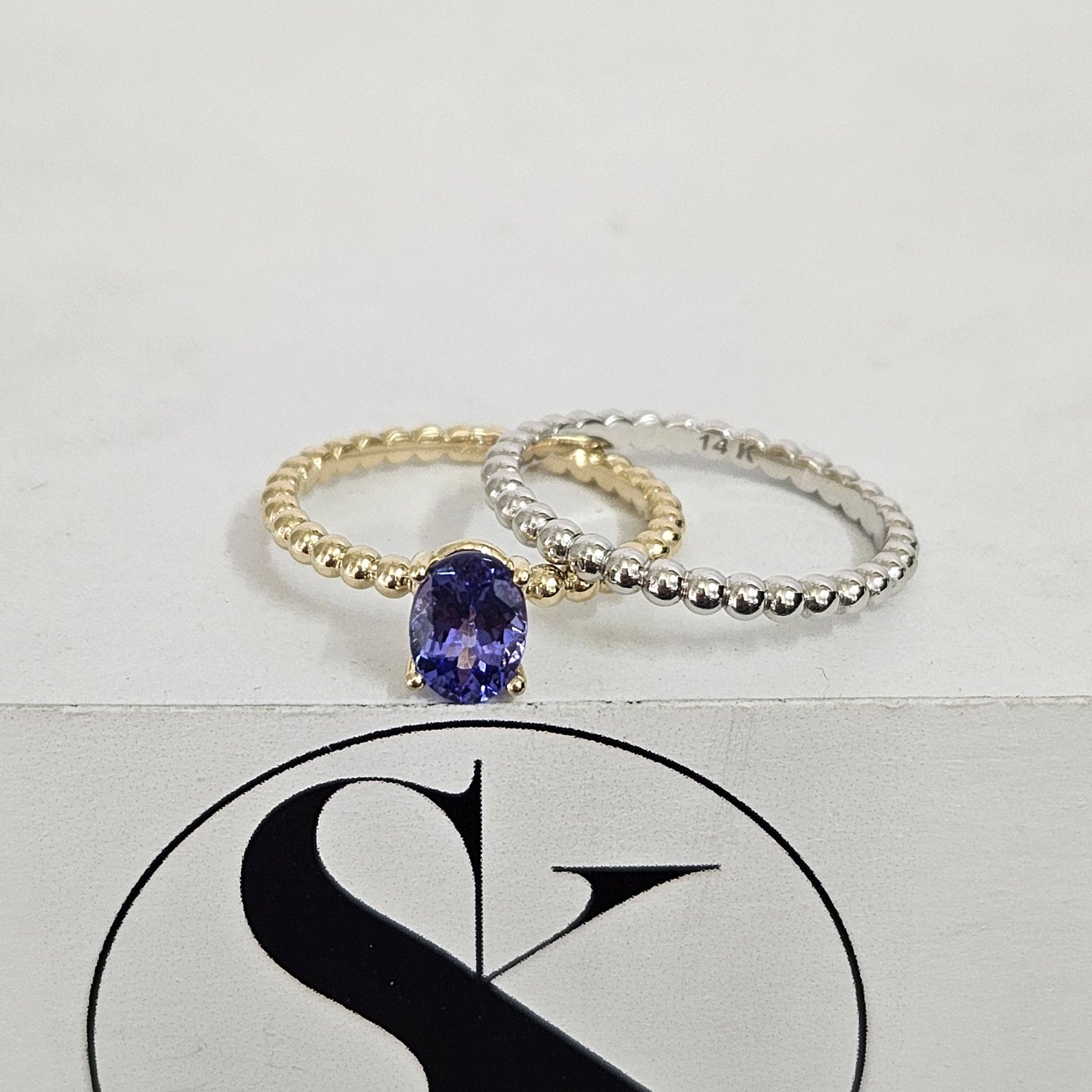 Oval Tanzanite 14k Gold Stackable Wedding Ring: Dainty Silhouette Bead Band - Anniversary Gift