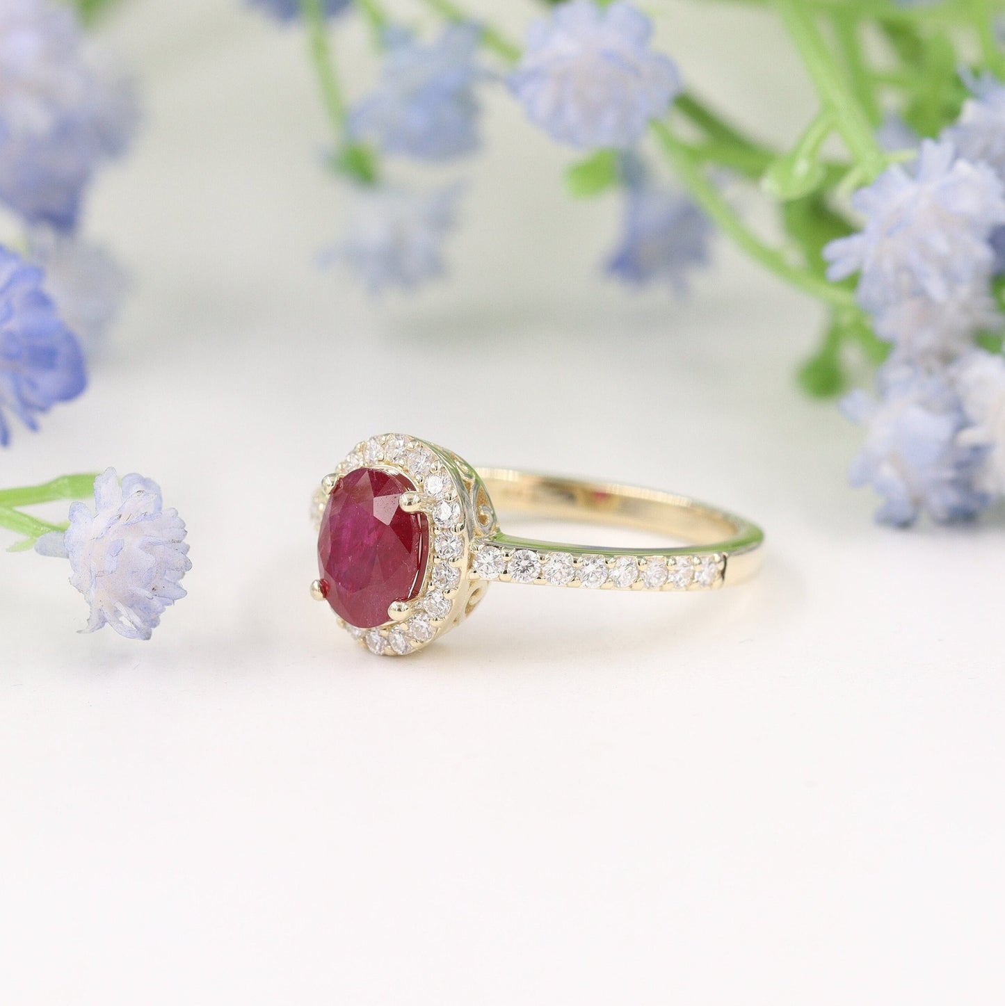Genuine Ruby Ring/ Ruby Natural Diamond Halo Ring/ Diamond Dainty Ring/Anniversary Gift