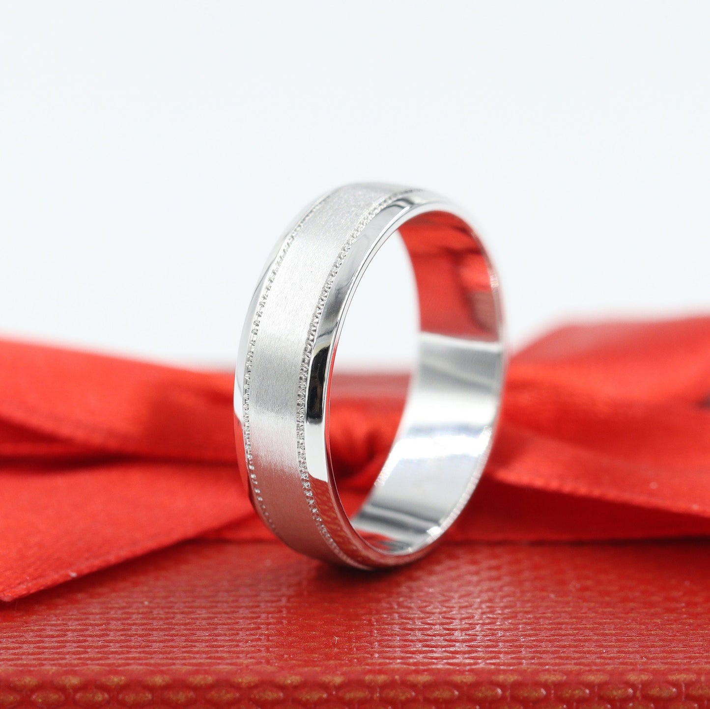 Handmade Platinum Wedding Band Set: Sand Blasted Couple 5mm,6mm Rings - Anniversary Gift