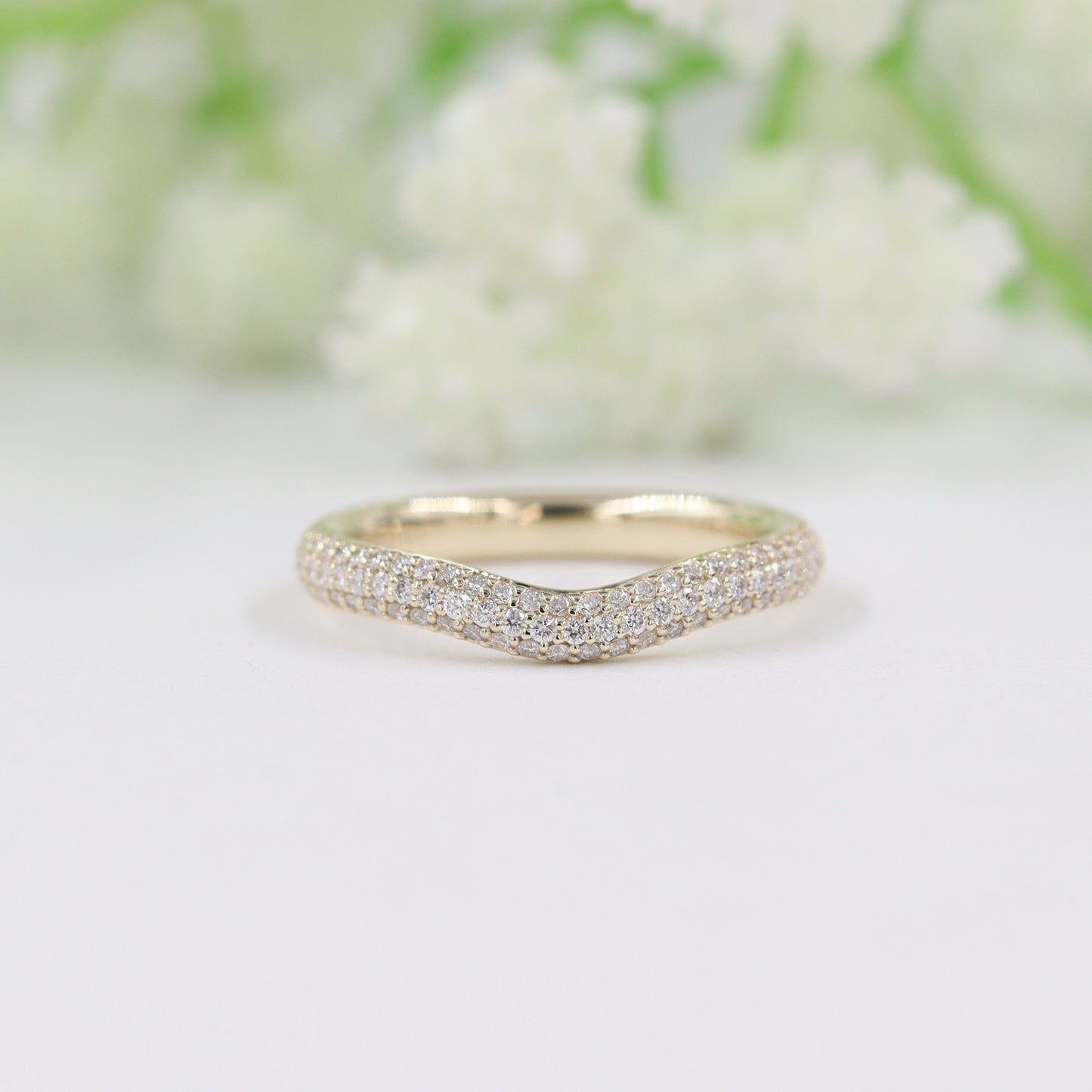14K Gold 3 Row Natural Diamond Curved 2.6mm Wedding  Band: Triple Row Anniversary Ring