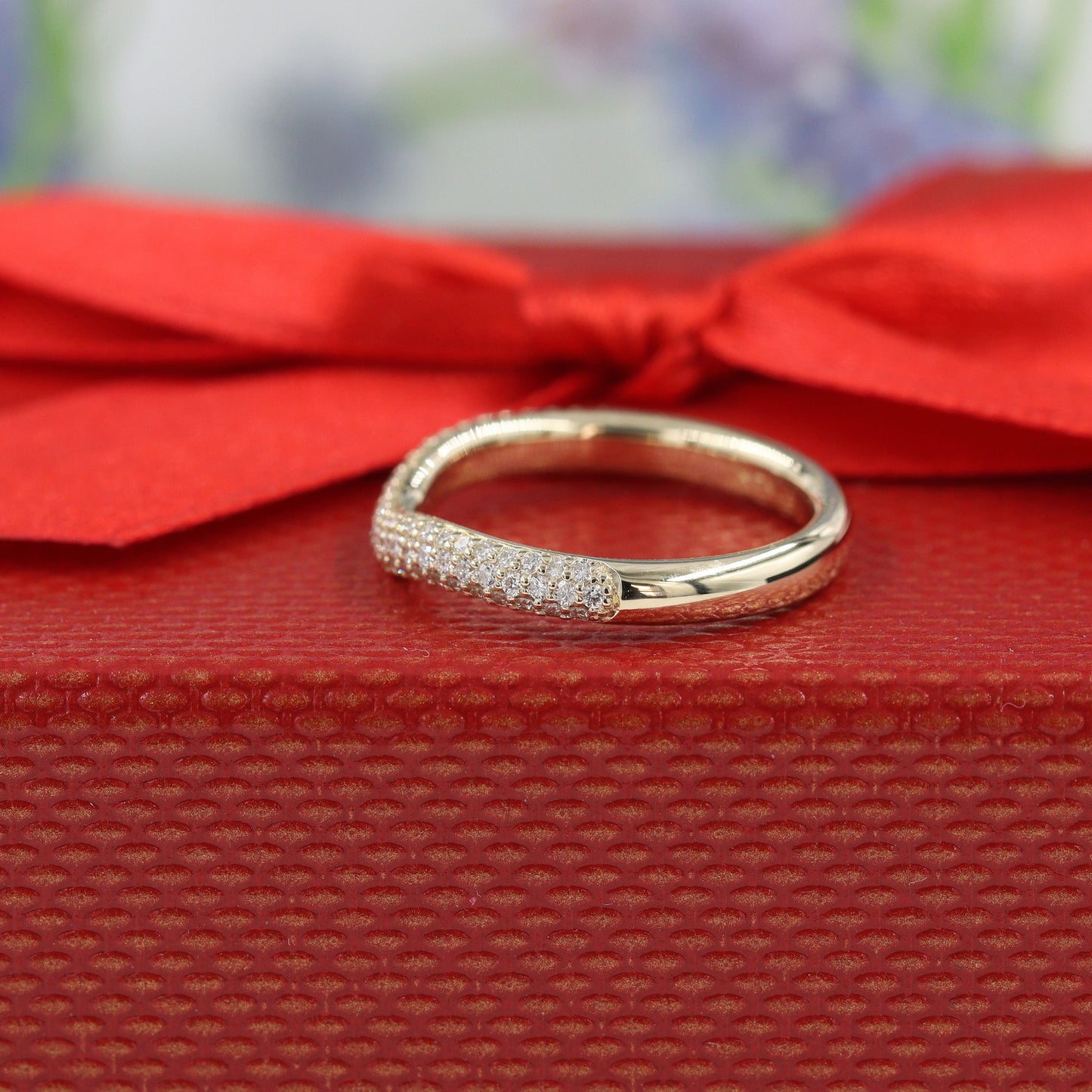 14K Gold 3 Row Natural Diamond Curved 2.6mm Wedding  Band: Triple Row Anniversary Ring