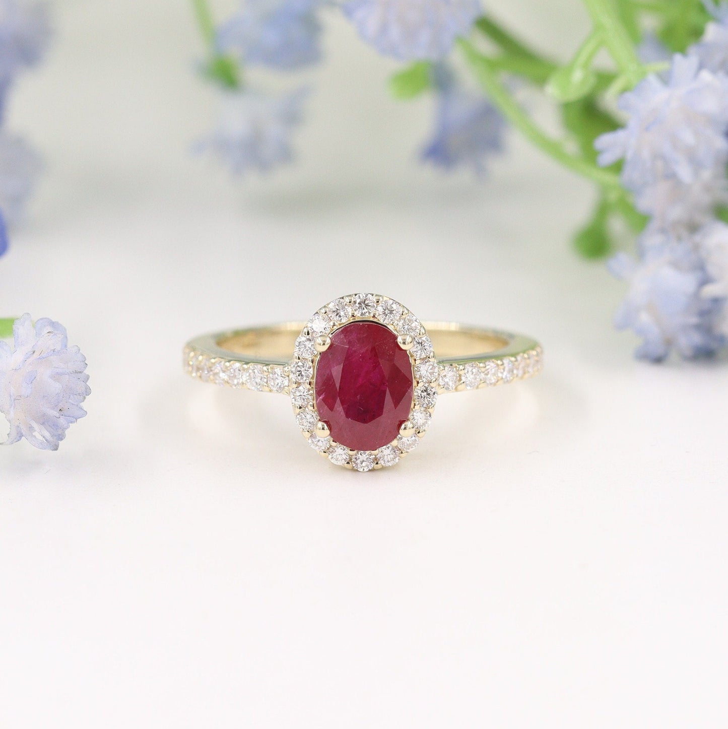Genuine Ruby Ring/ Ruby Natural Diamond Halo Ring/ Diamond Dainty Ring/Anniversary Gift