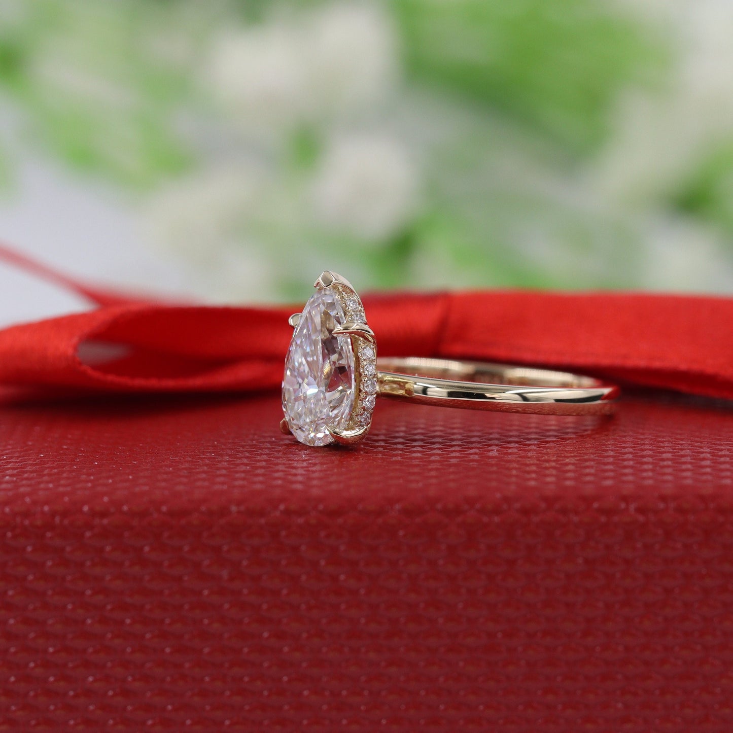 1.7ct Pear Diamond Engagement Ring: 14K Gold Hidden Halo Diamond Ring- Anniversary Ring