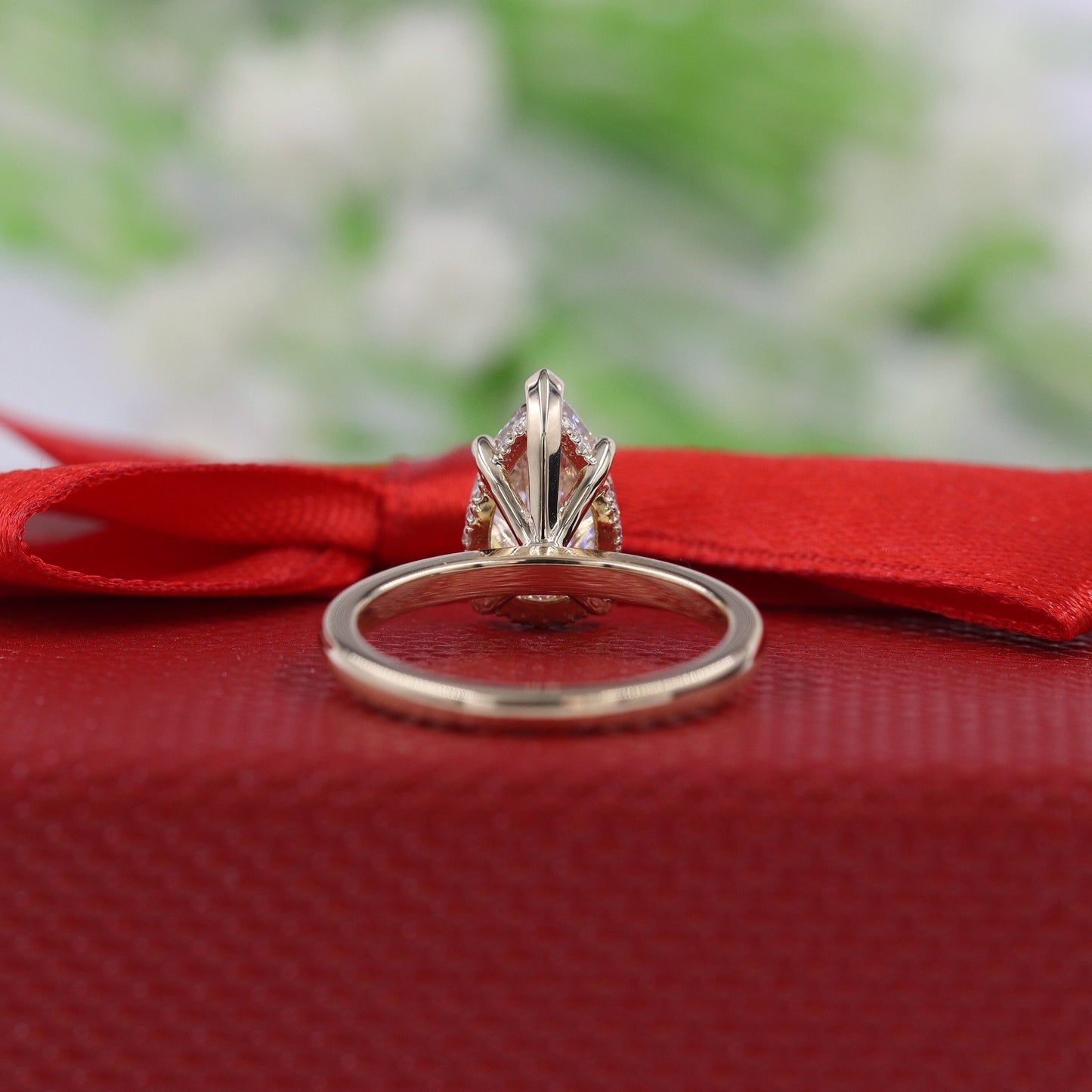 1.7ct Pear Diamond Engagement Ring: 14K Gold Hidden Halo Diamond Ring- Anniversary Ring