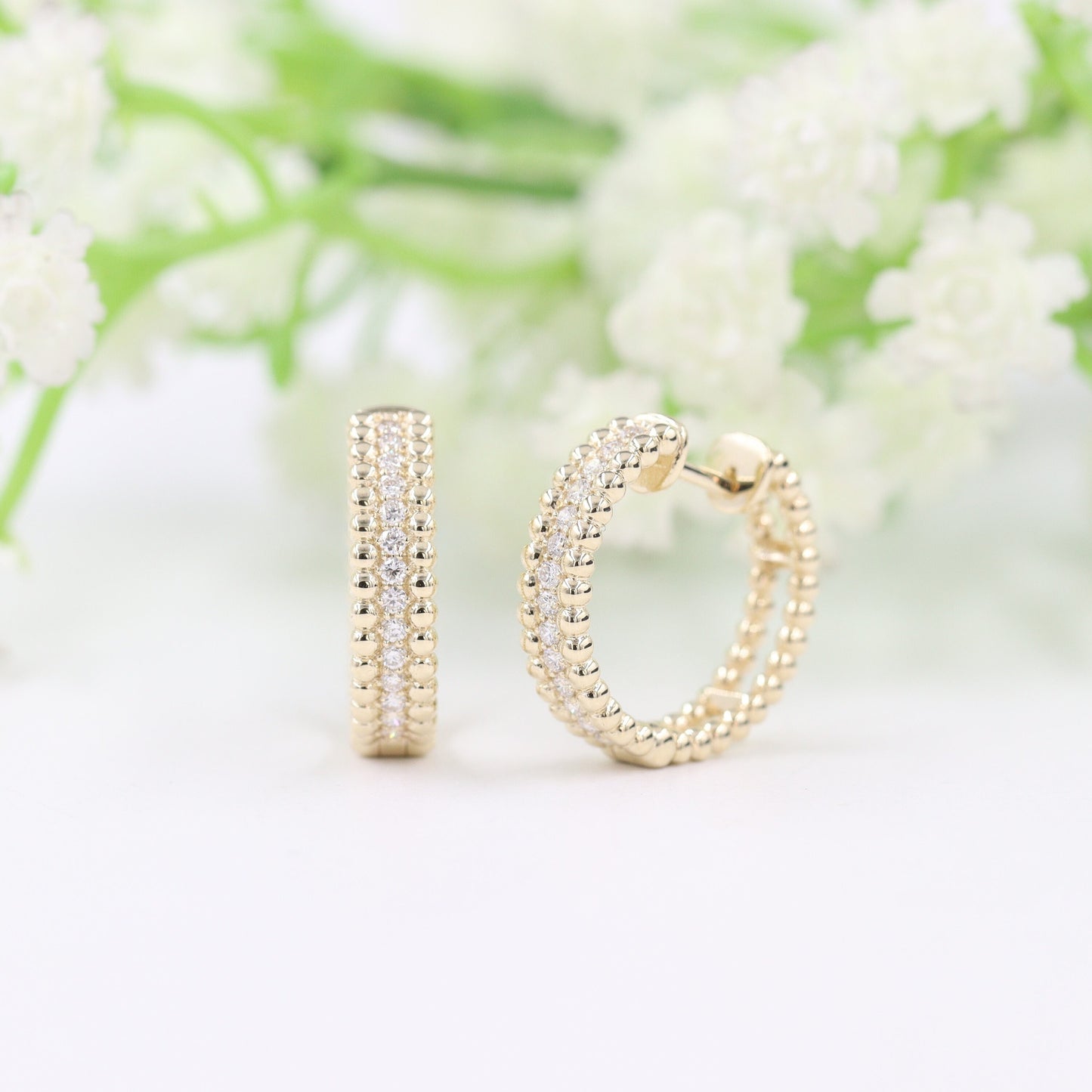 Handmade Double Bead Hoop Natural Diamond Earrings/Diameter 17mm hoop Diamond Earrings/Diamond   Hoop earring/ Anniversary gift
