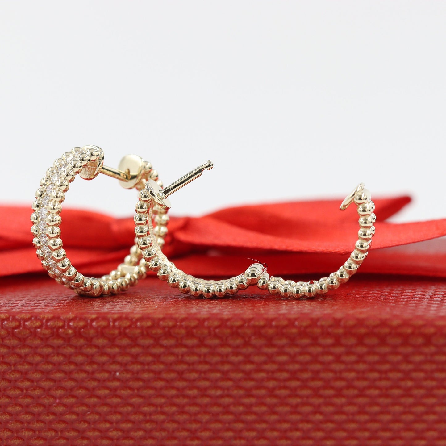 Handmade Double Bead Hoop Natural Diamond Earrings/Diameter 17mm hoop Diamond Earrings/Diamond   Hoop earring/ Anniversary gift