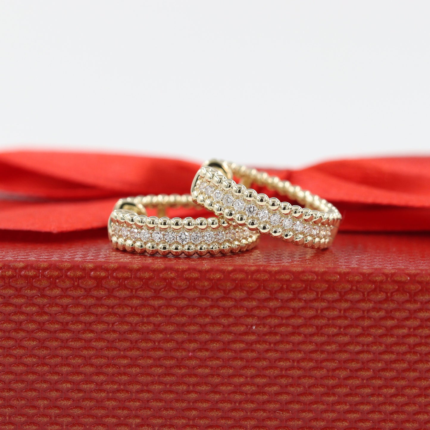 Handmade Double Bead Hoop Natural Diamond Earrings/Diameter 17mm hoop Diamond Earrings/Diamond   Hoop earring/ Anniversary gift