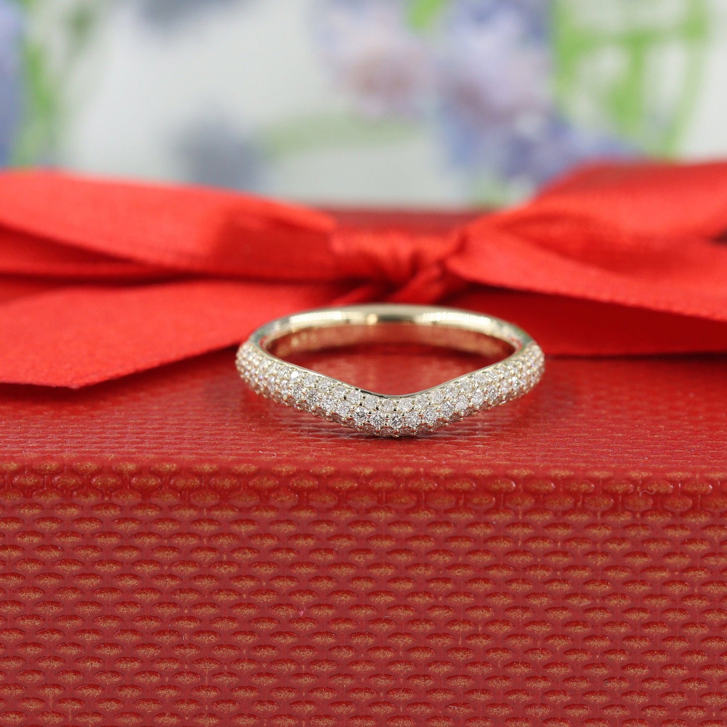 14K Gold 3 Row Natural Diamond Curved 2.6mm Wedding  Band: Triple Row Anniversary Ring