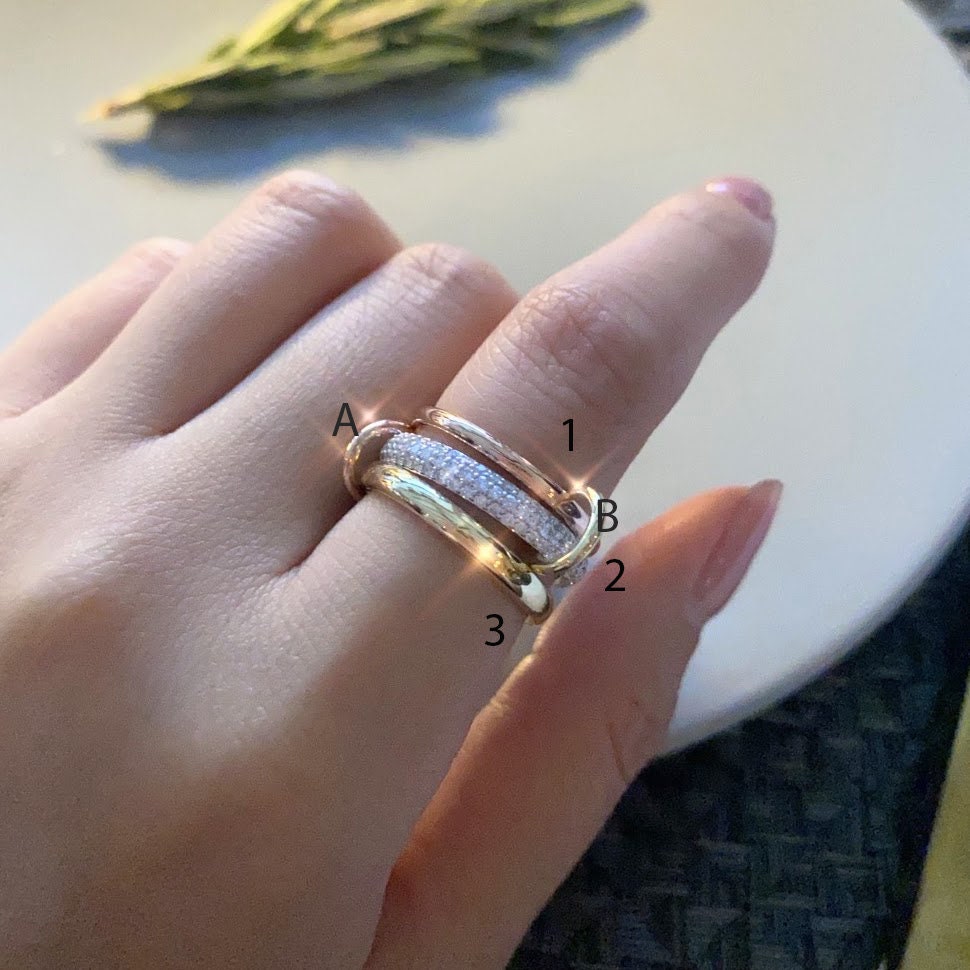 Handmade 14K Gold 3 Row Natural Diamond Stacking Rings with Connectors- Anniversary Gift