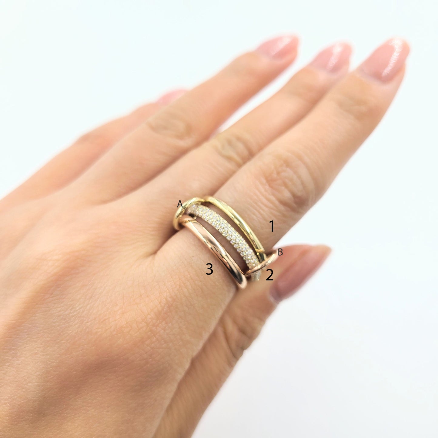 Natural Diamond Stacking Rings: 14K Gold Connected Bands, Handmade- Anniversary Gift