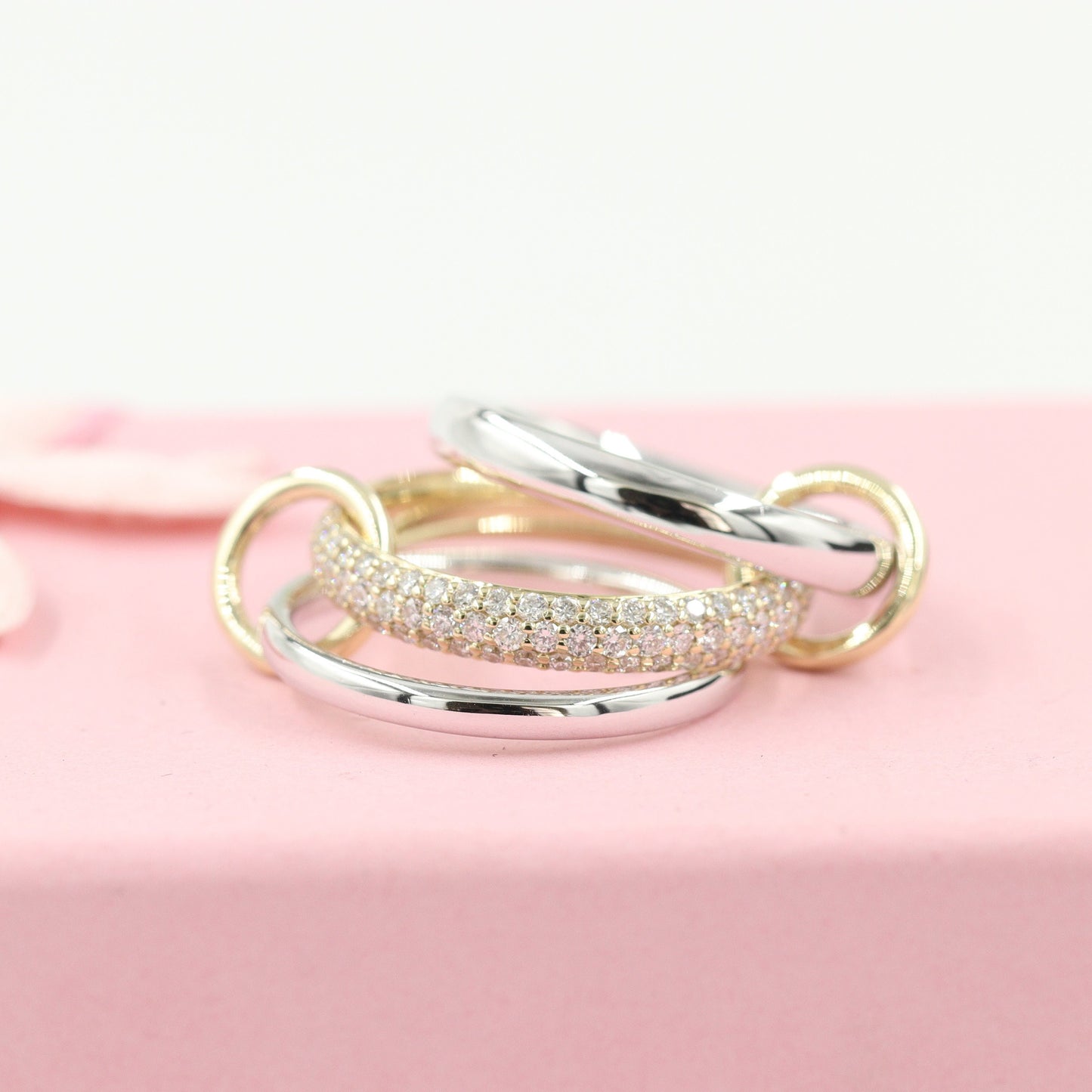 Handmade 14K Gold 3 Row Natural Diamond Stacking Rings with Connectors- Anniversary Gift